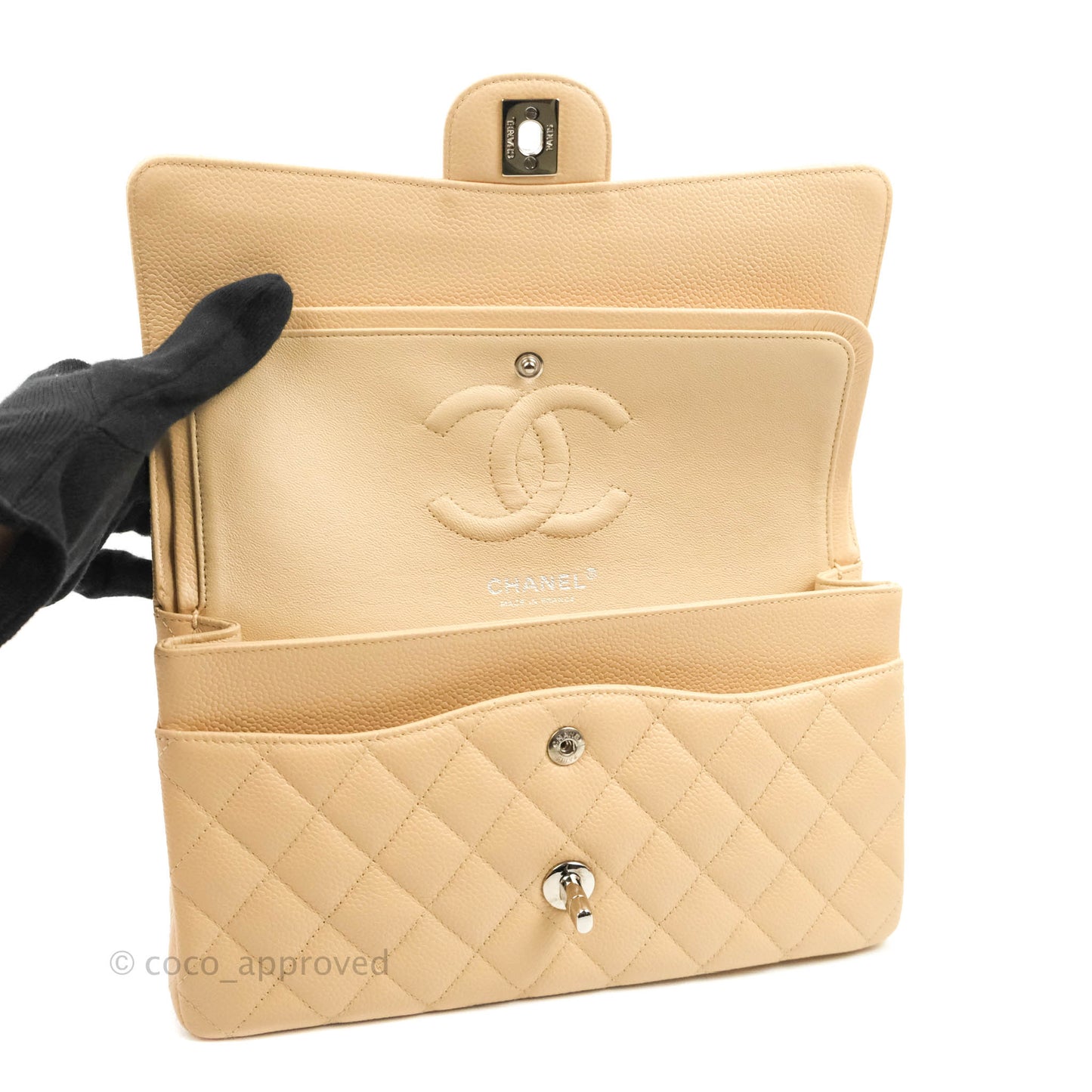 Chanel Classic M/L Medium Flap Quilted Beige Caviar Silver Hardware