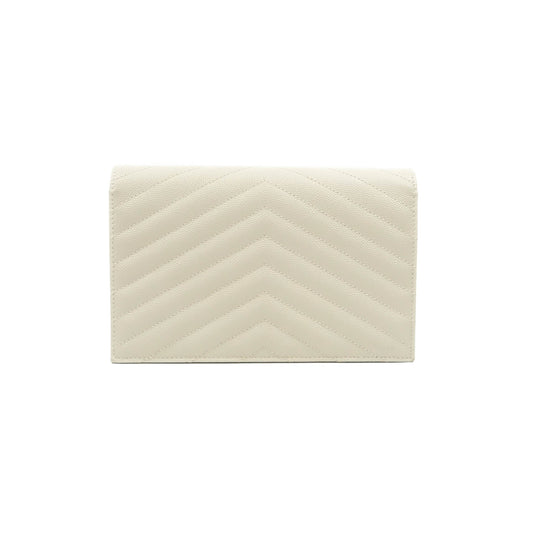 Saint Laurent Wallet on Chain White Grained Leather Silver Hardware
