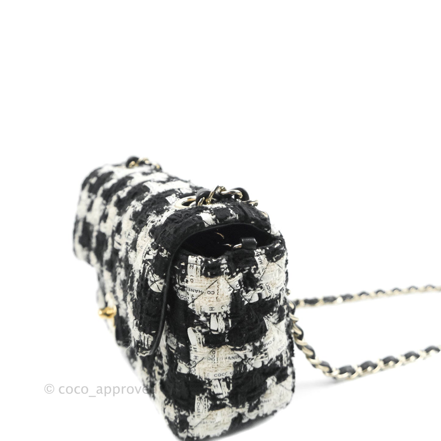 Chanel Quilted Mini Rectangular Flap Tweed Houndstooth Black & White Gold Hardware