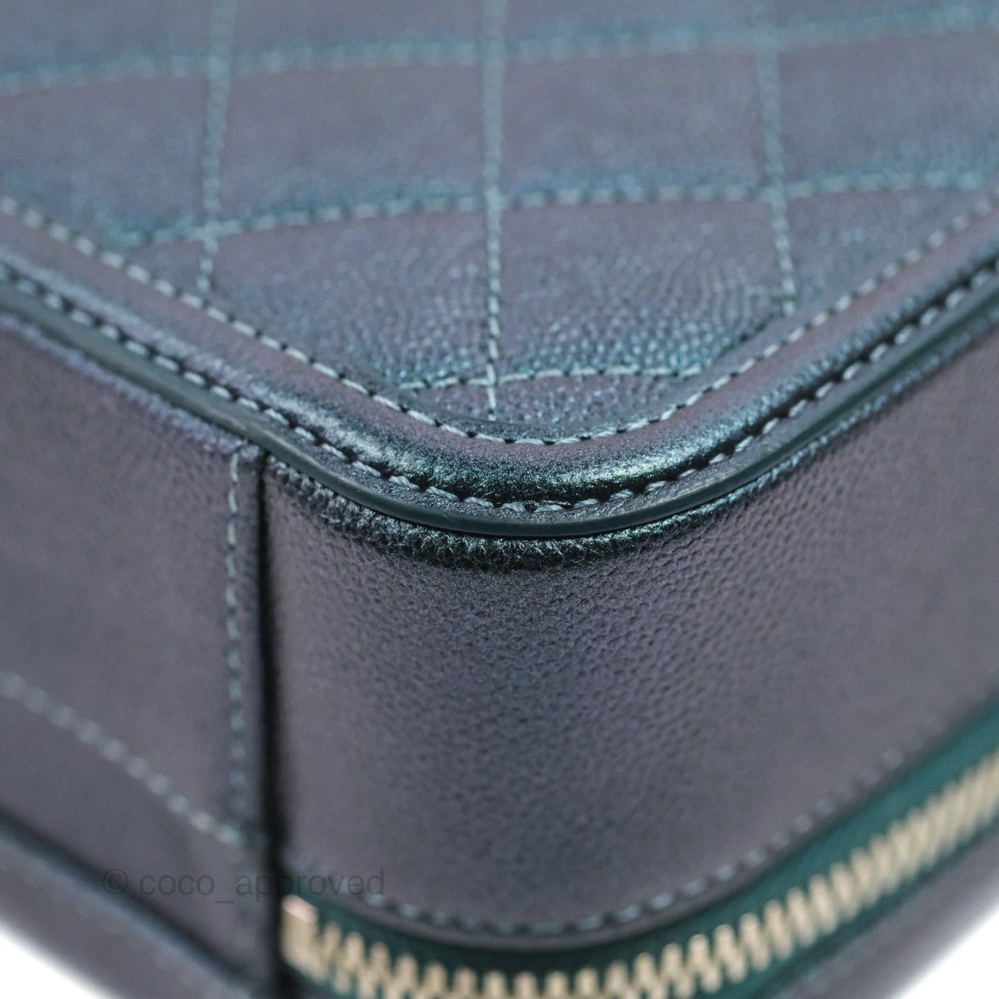 Chanel Quilted Medium CC Filigree Vanity Case Iridescent Dark Turquoise Caviar Rainbow Hardware