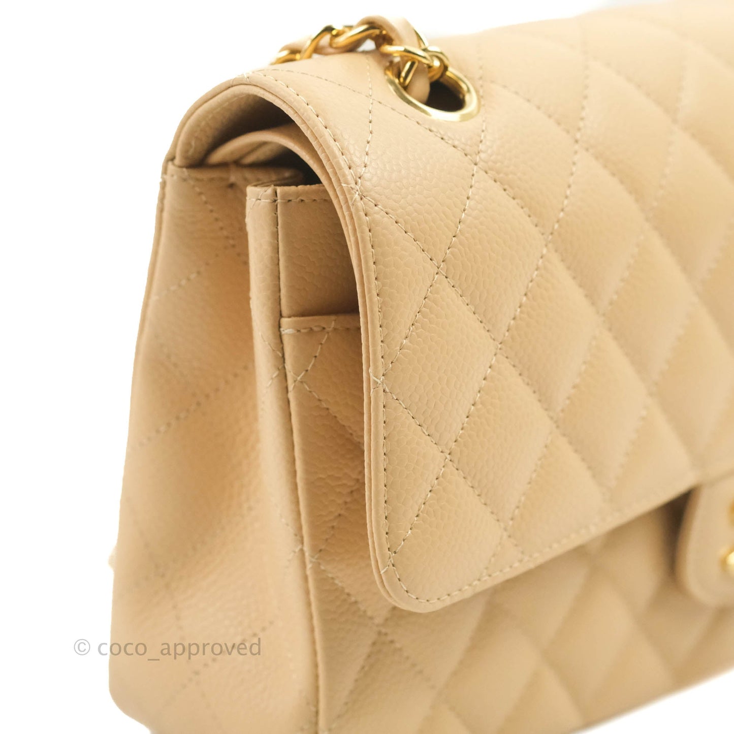 Chanel Classic M/L Medium Flap Quilted Beige Caviar Gold Hardware