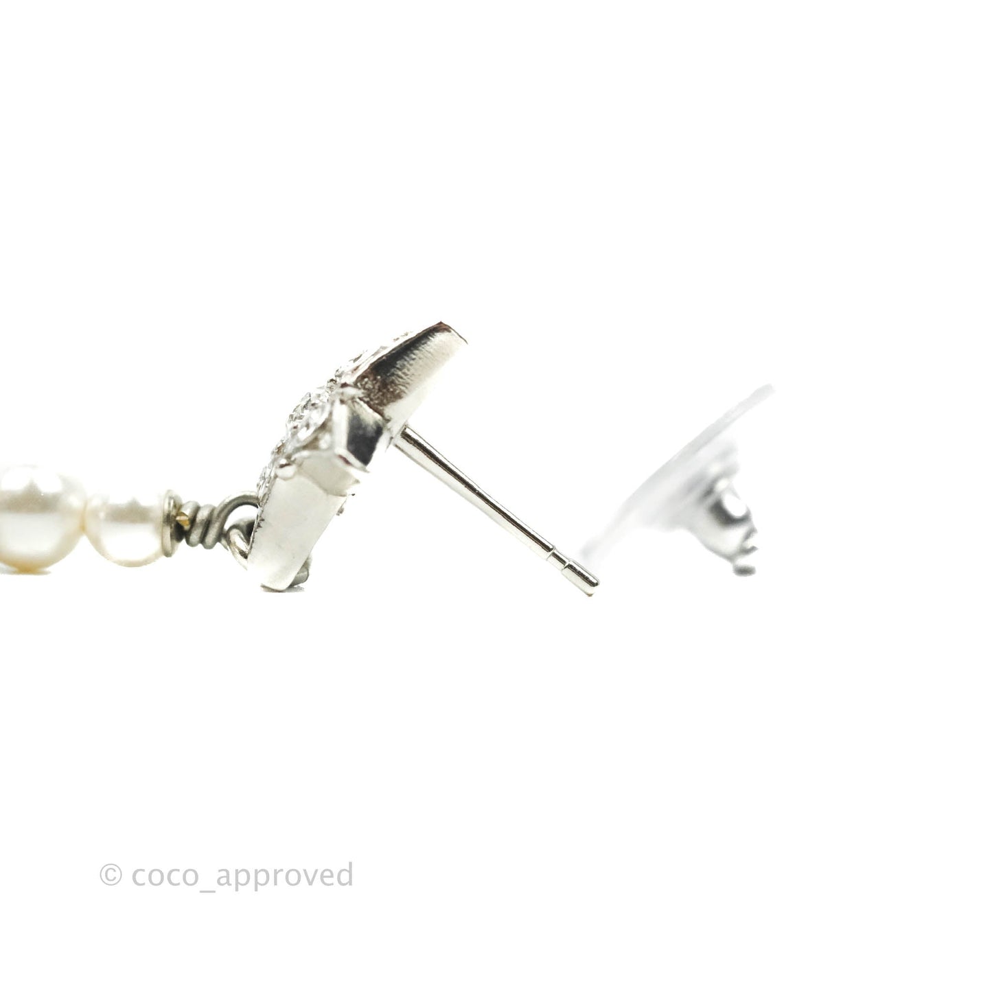Chanel Crystal Pearl CC Star Drop Earrings Silver