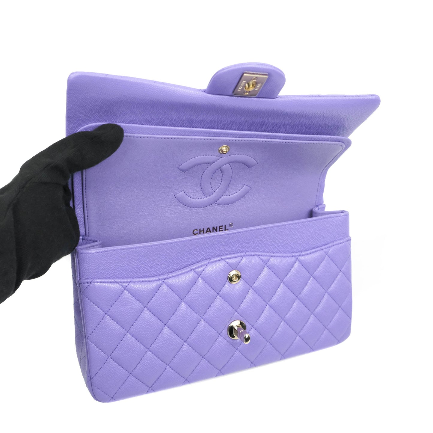 Chanel Classic M/L Medium Double Flap Purple Caviar Gold Hardware 20S