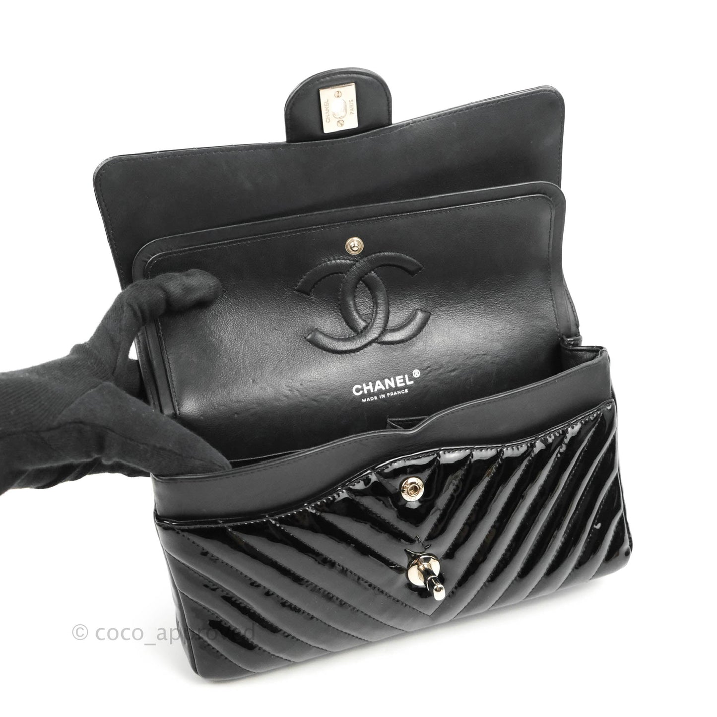 Chanel Classic M/L Medium Chevron Double Flap Black Patent Silver Hardware