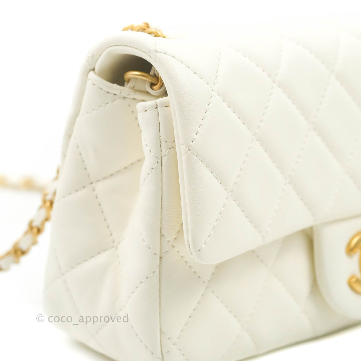 Chanel Mini Rectangular Pearl Crush Quilted White Lambskin Aged Gold Hardware