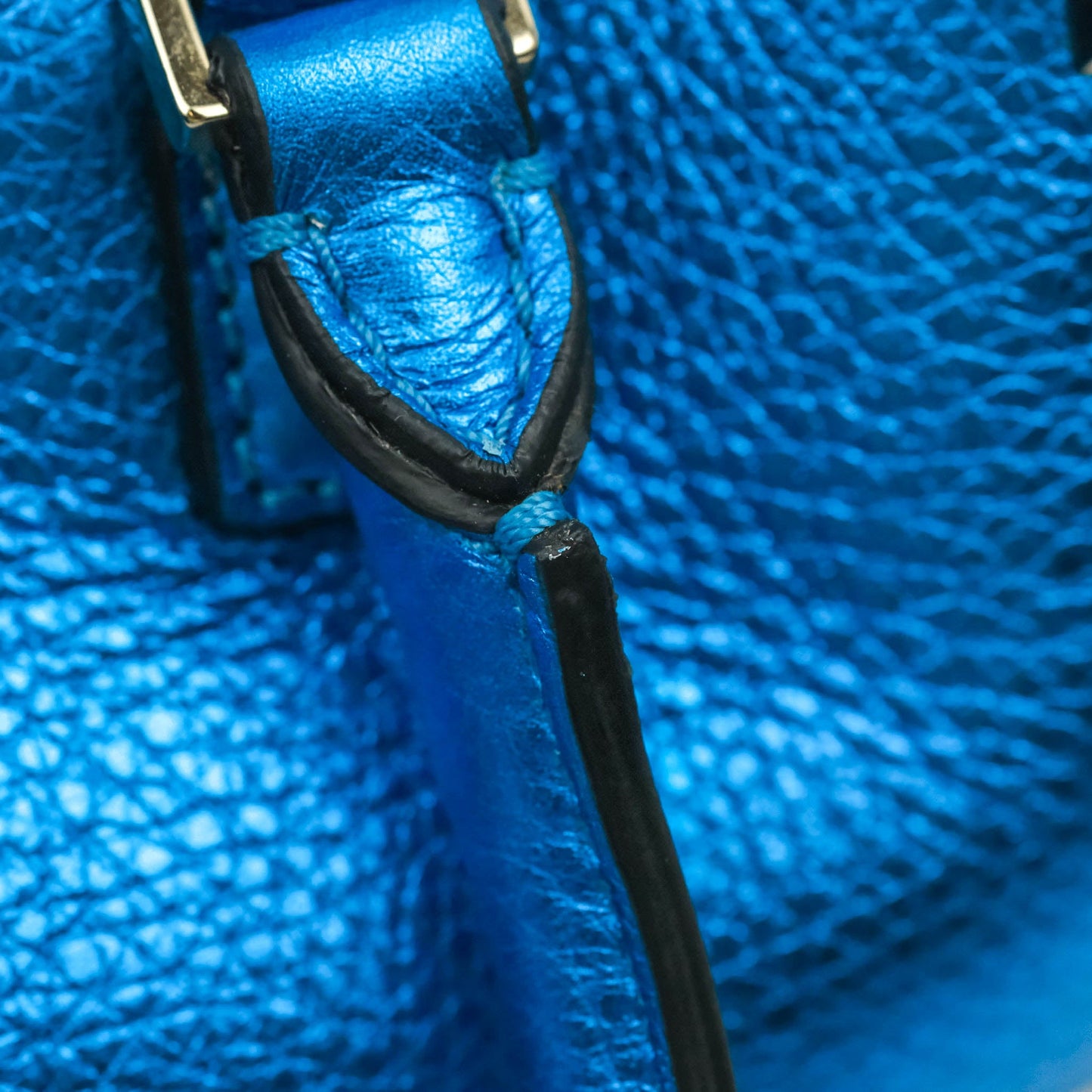 Valentino Garavani Small Trapeze Rockstud Metallic Blue Grained Calfskin Gold Hardware