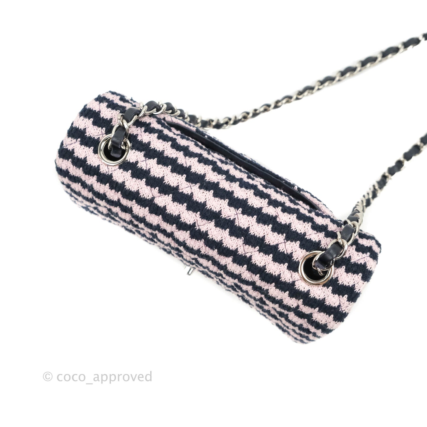 Chanel Mini Rectangular Flap Bag Navy Pink Striped Tweed Silver Hardware
