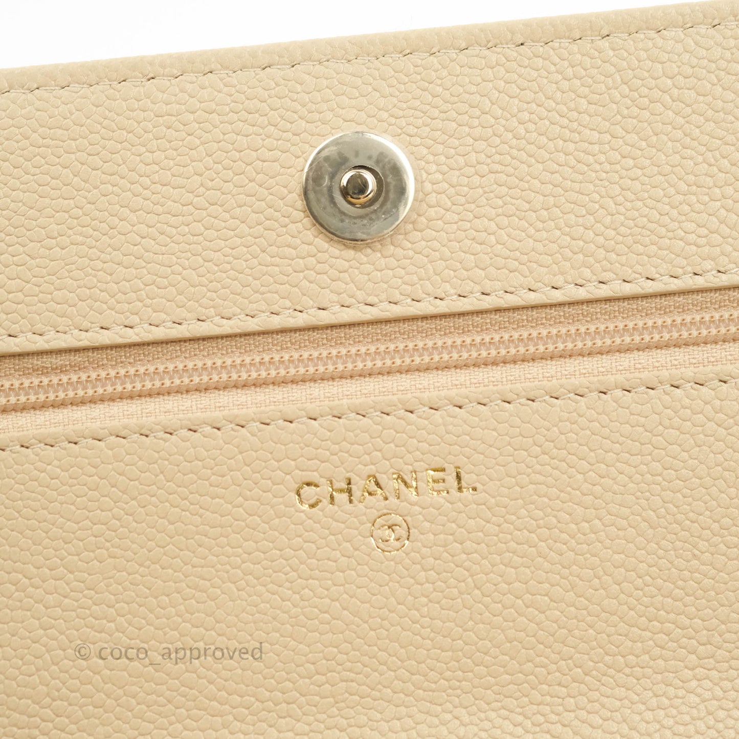 Chanel Quilted Wallet on CC Chain WOC Beige Caviar Gold Hardware