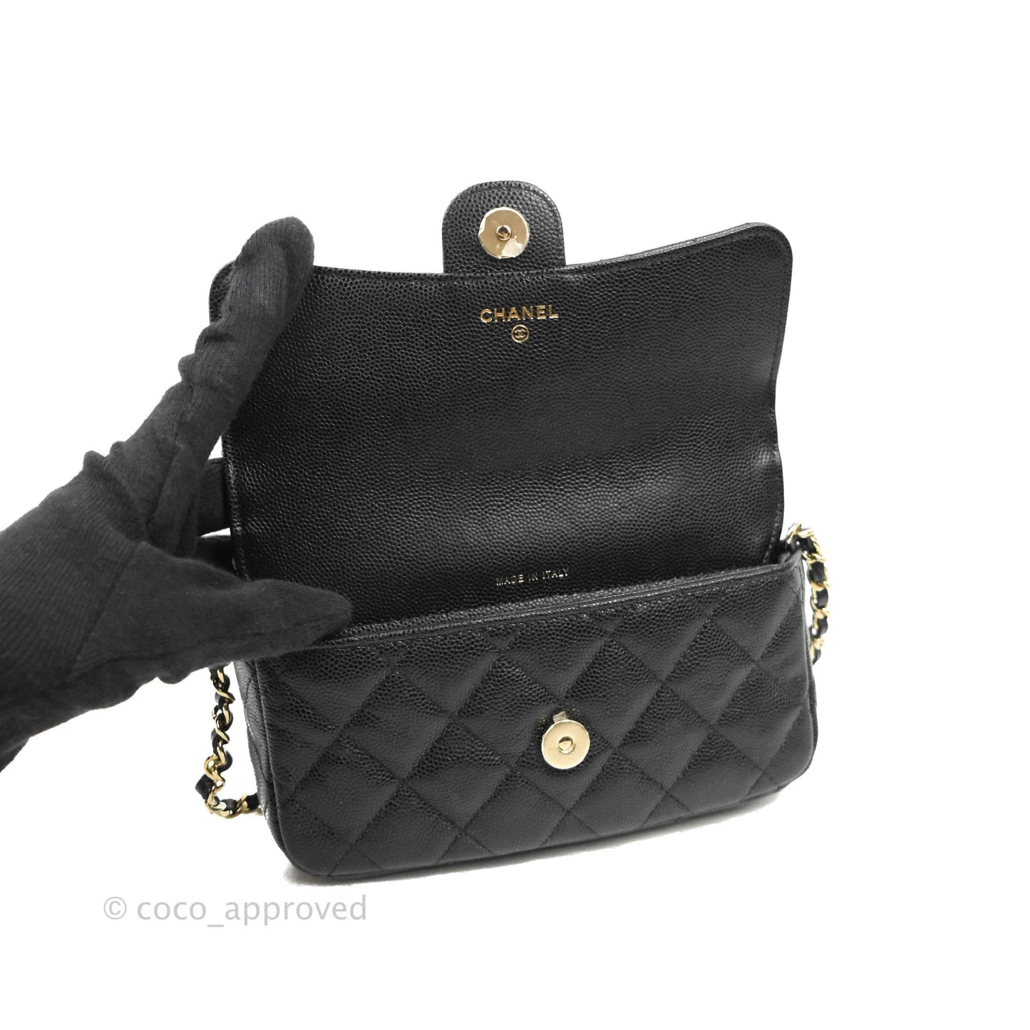 Chanel Classic Flap Phone Holder With Chain Black Caviar Gold Hardware 22A