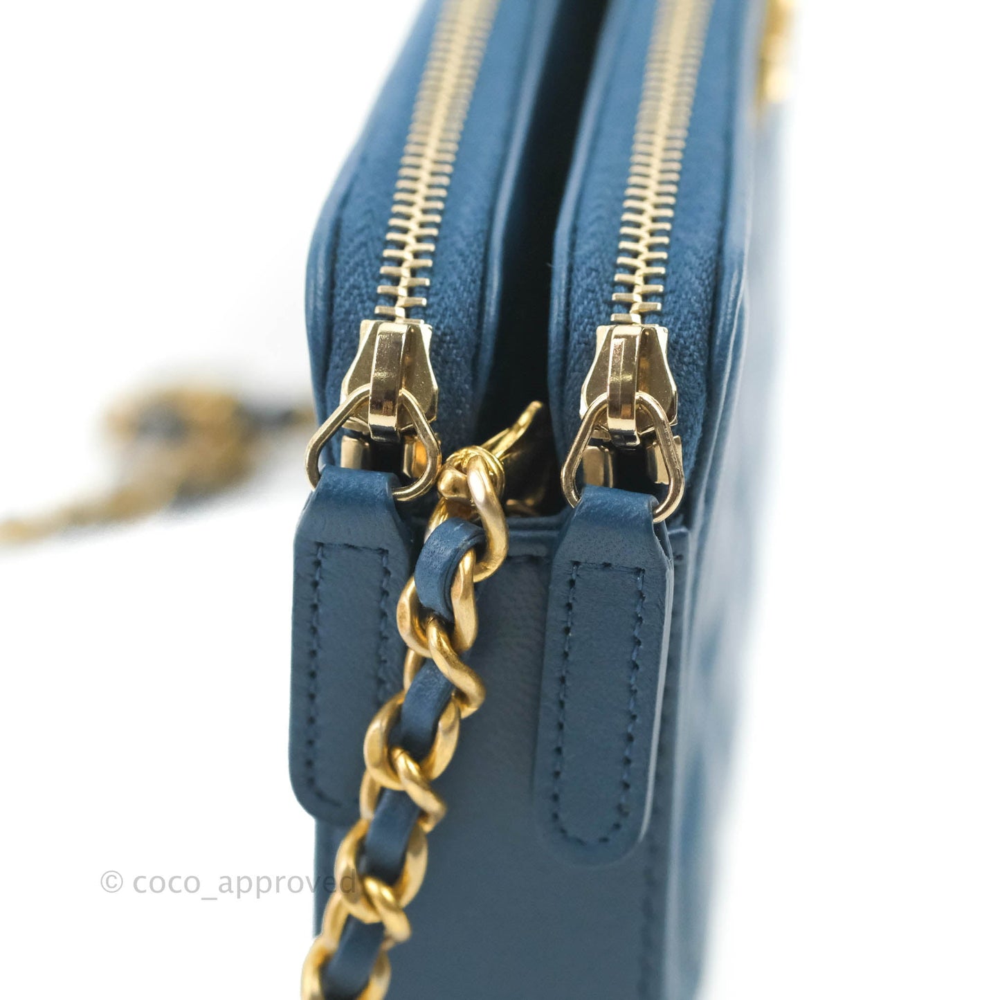 Chanel Boy Double Zip Clutch On Chain Blue Lambskin Aged Gold Hardware