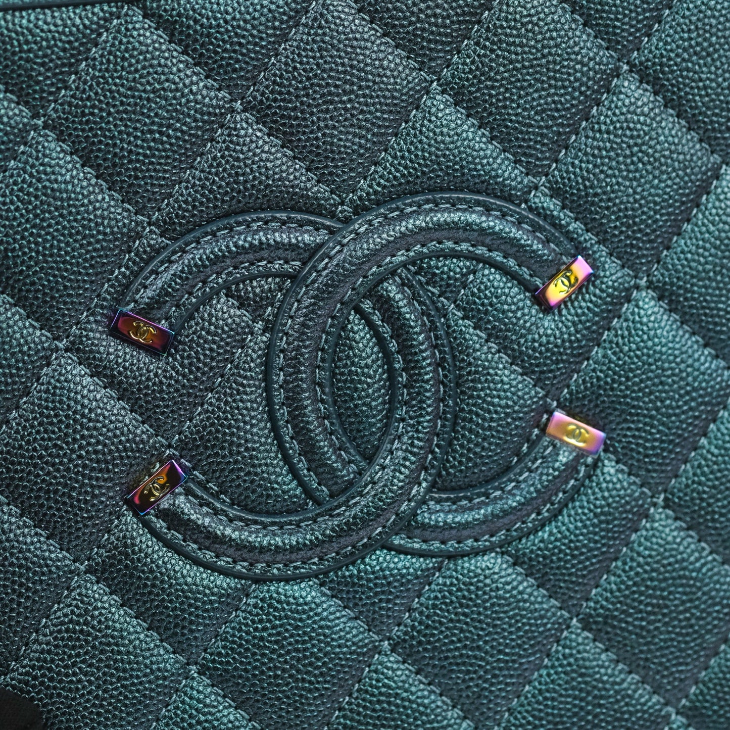 Chanel Quilted Medium CC Filigree Vanity Case Iridescent Dark Turquoise Caviar Rainbow Hardware