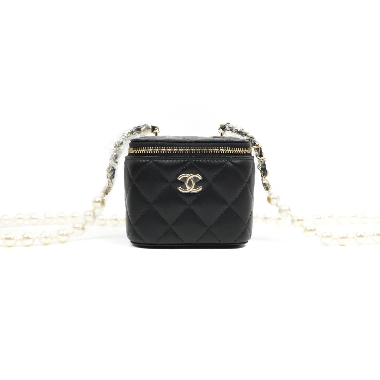Chanel Mini Vanity With Pearl Chain Black Lambskin Gold Hardware