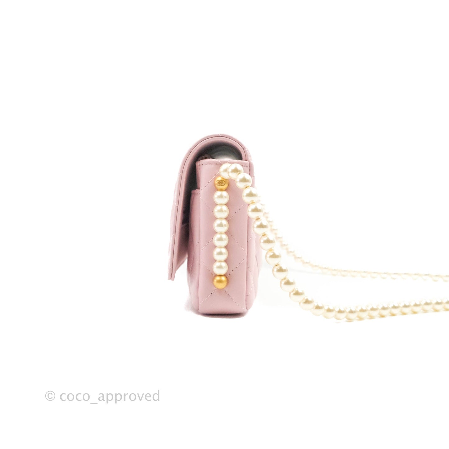 Chanel Quilted Wallet On Chain WOC With Pearl Chain Pink Aged Gold Hardware