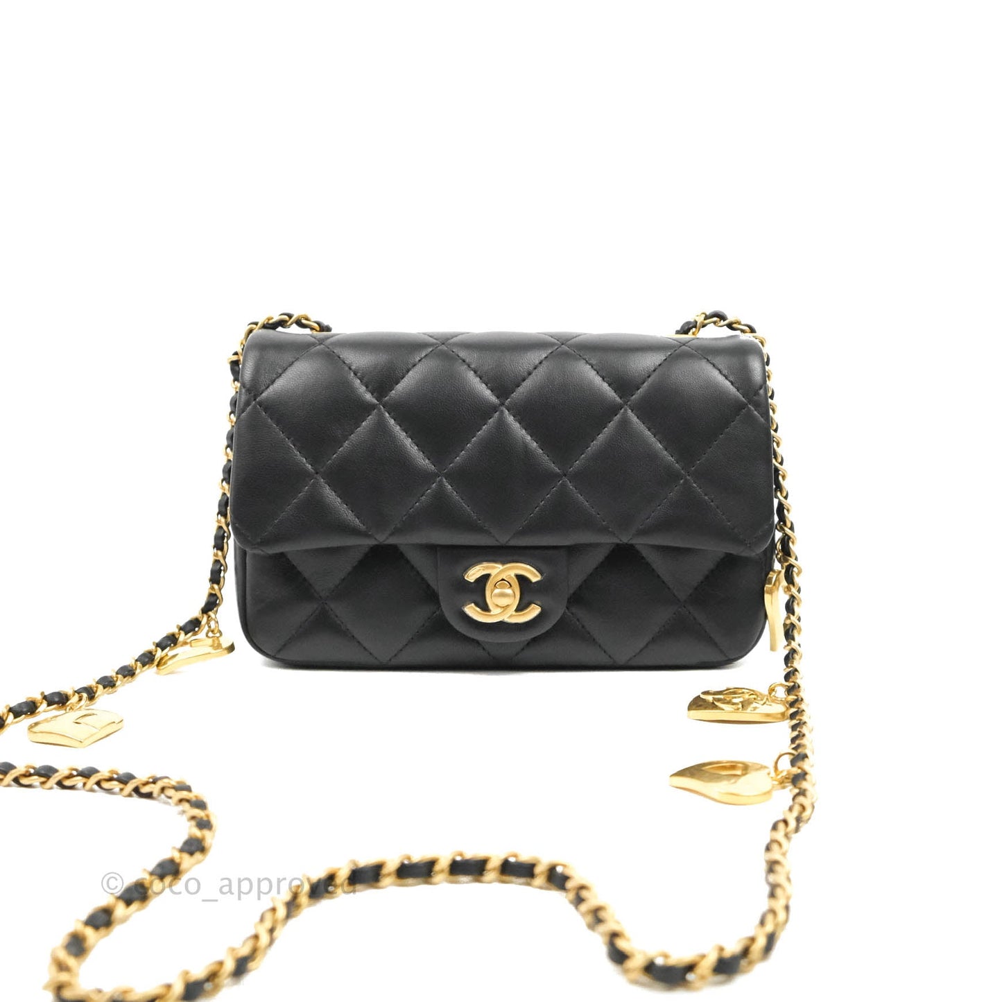 Chanel Mini Flap Bag With Heart CC Charm Black Lambskin Aged Gold Hardware