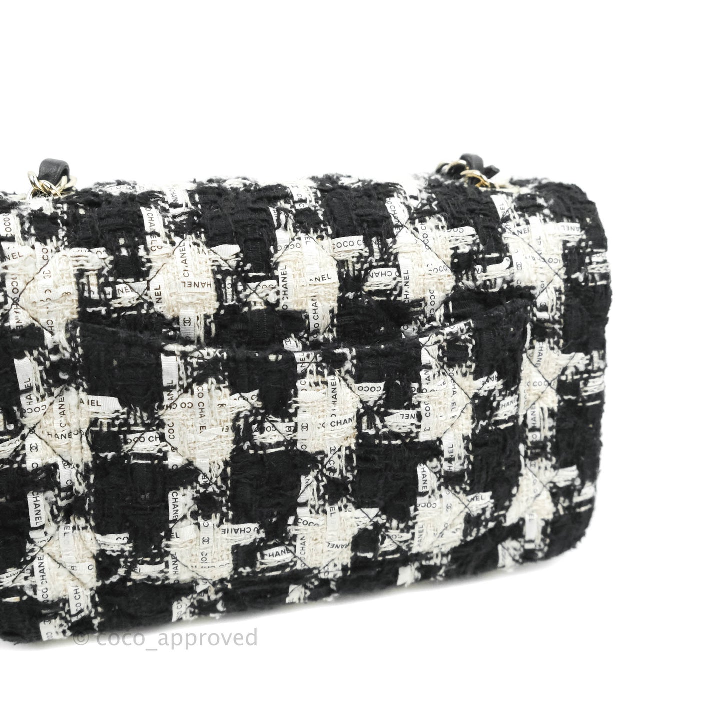 Chanel Quilted Mini Rectangular Flap Tweed Houndstooth Black & White Gold Hardware