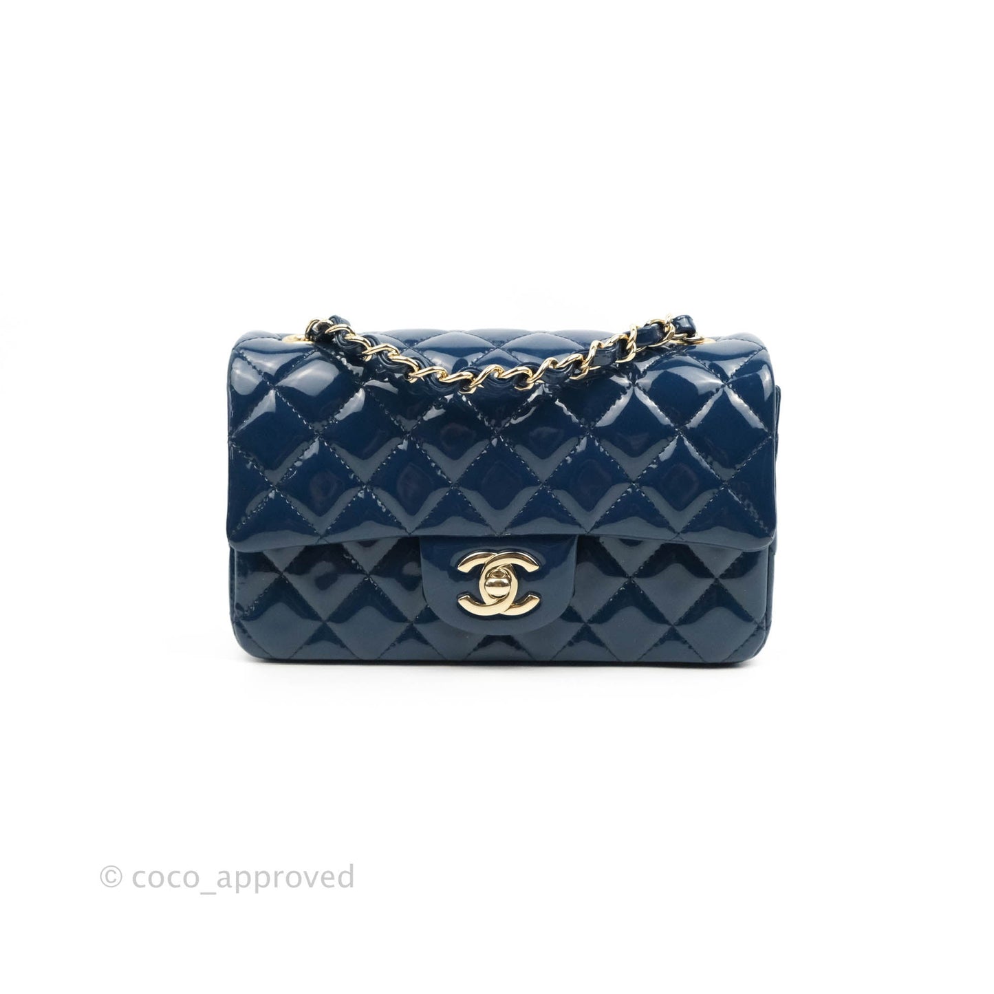Chanel Quilted Mini Rectangular Flap Navy Patent Leather Gold Hardware