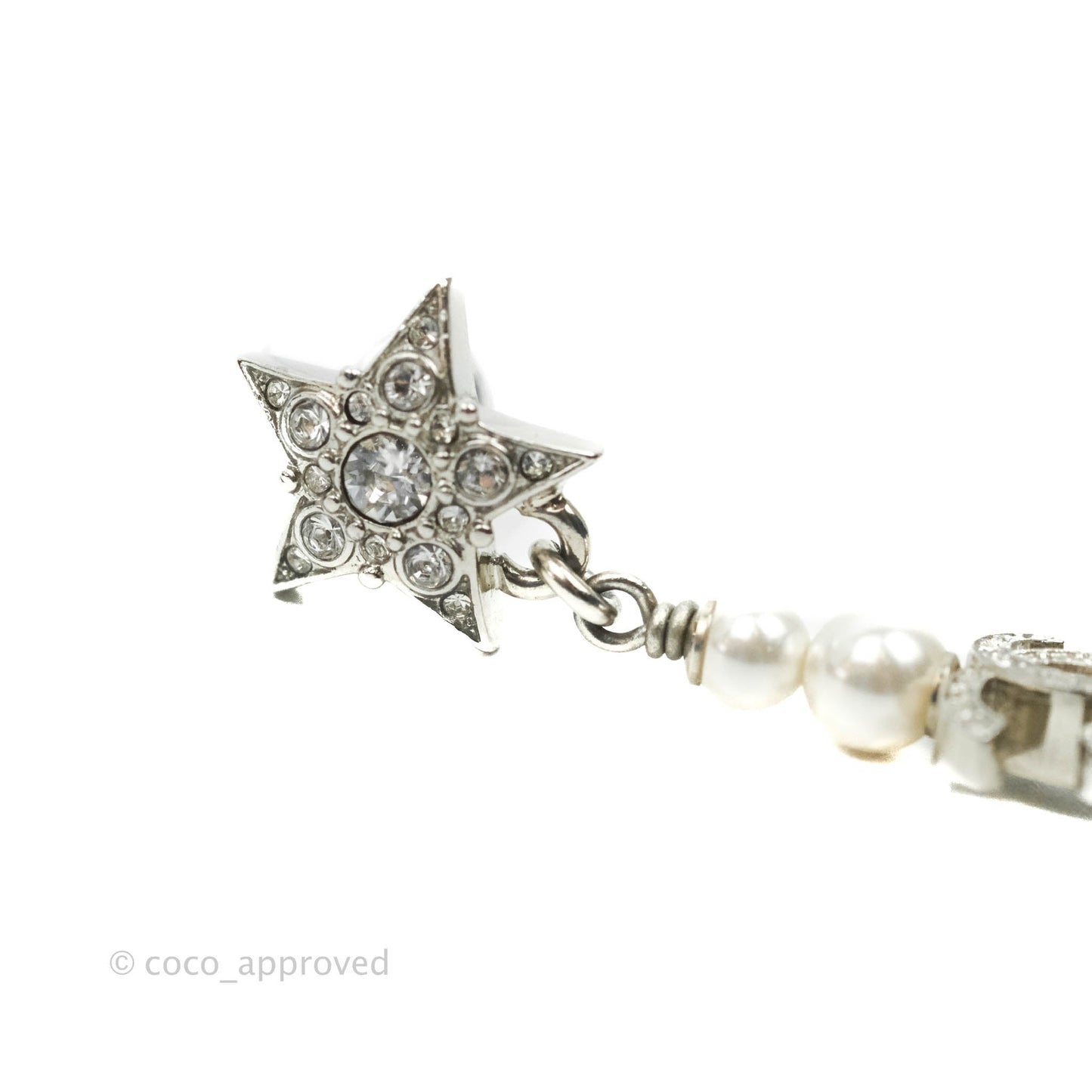 Chanel Crystal Pearl CC Star Drop Earrings Silver
