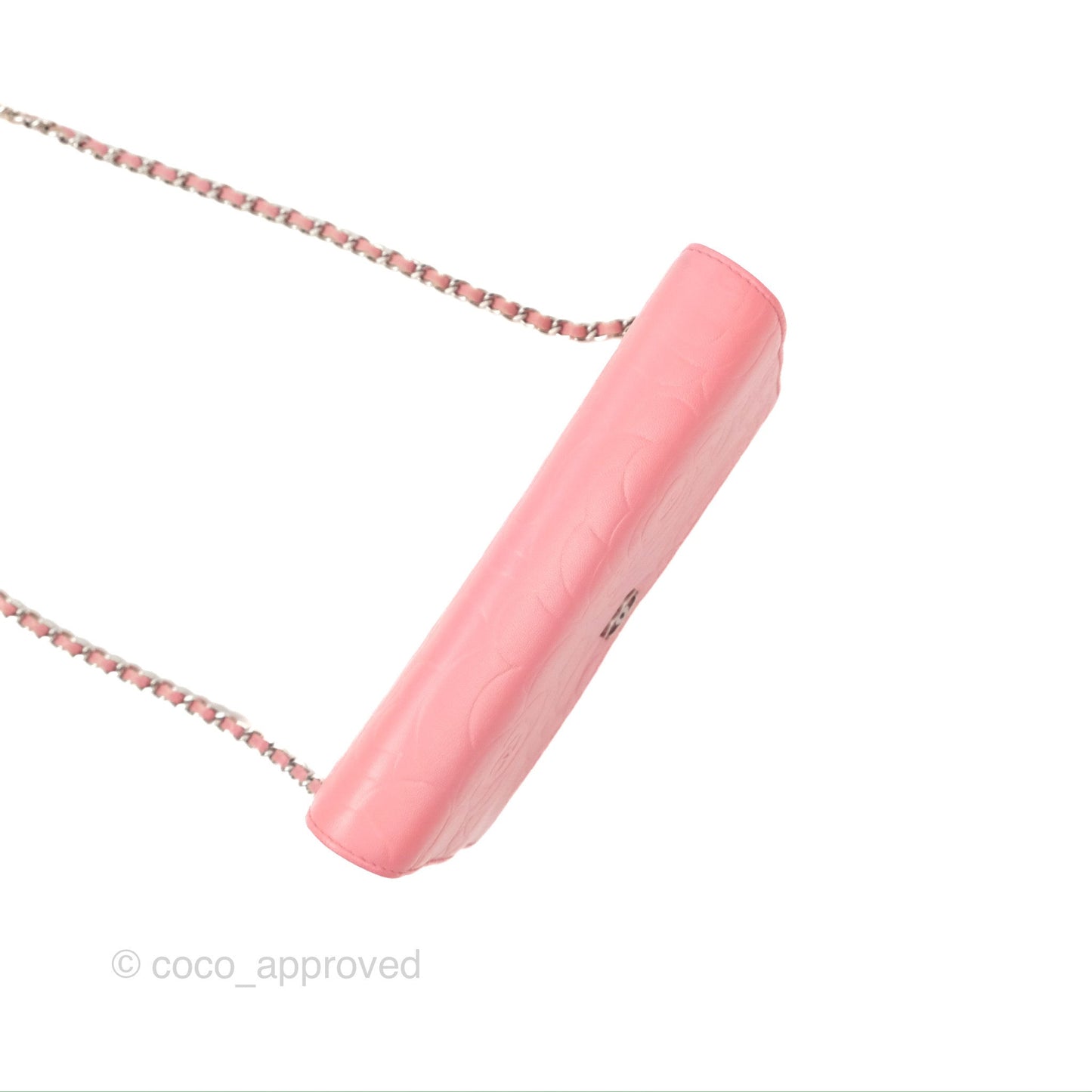 Chanel Camellia Embossed Wallet On Chain WOC Pink Lambskin Silver Hardware
