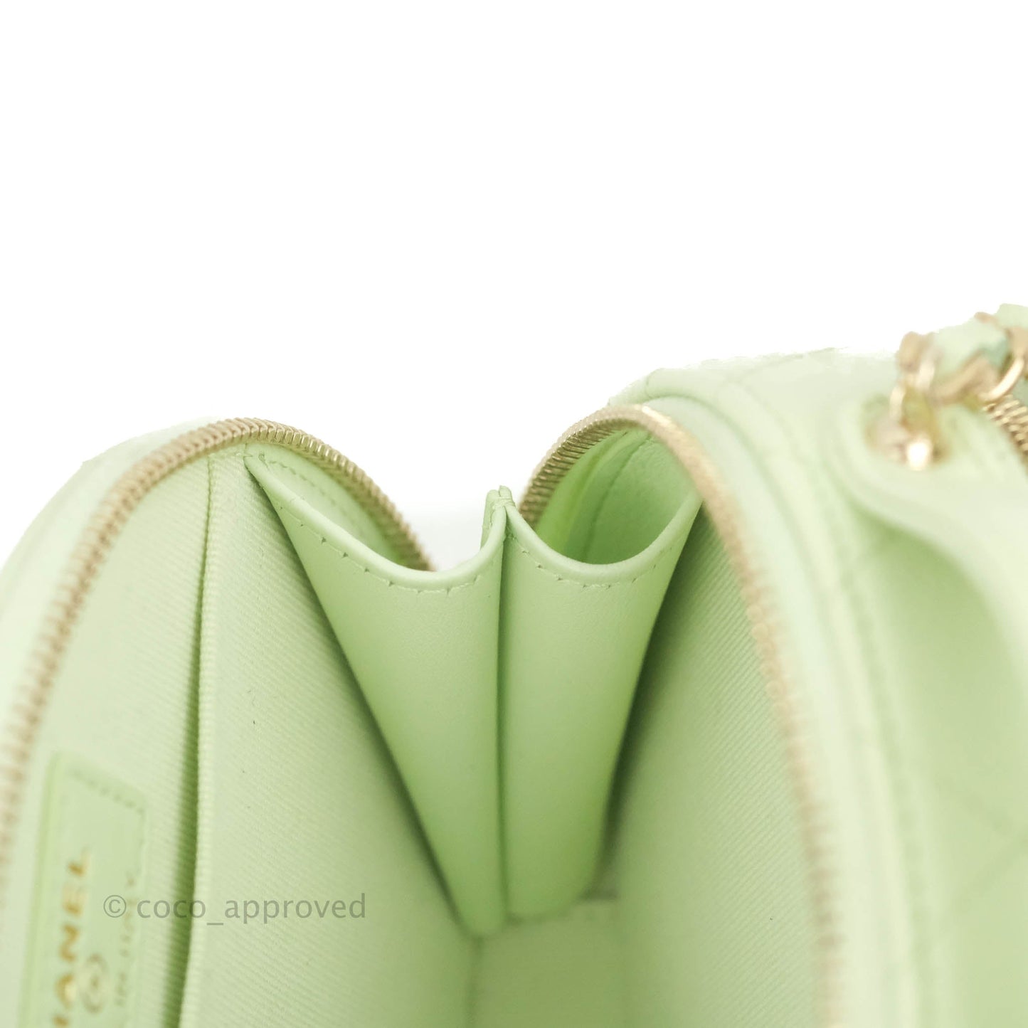 Chanel Mini Round Vanity Bag Handle With Care Light Green Caviar 22C