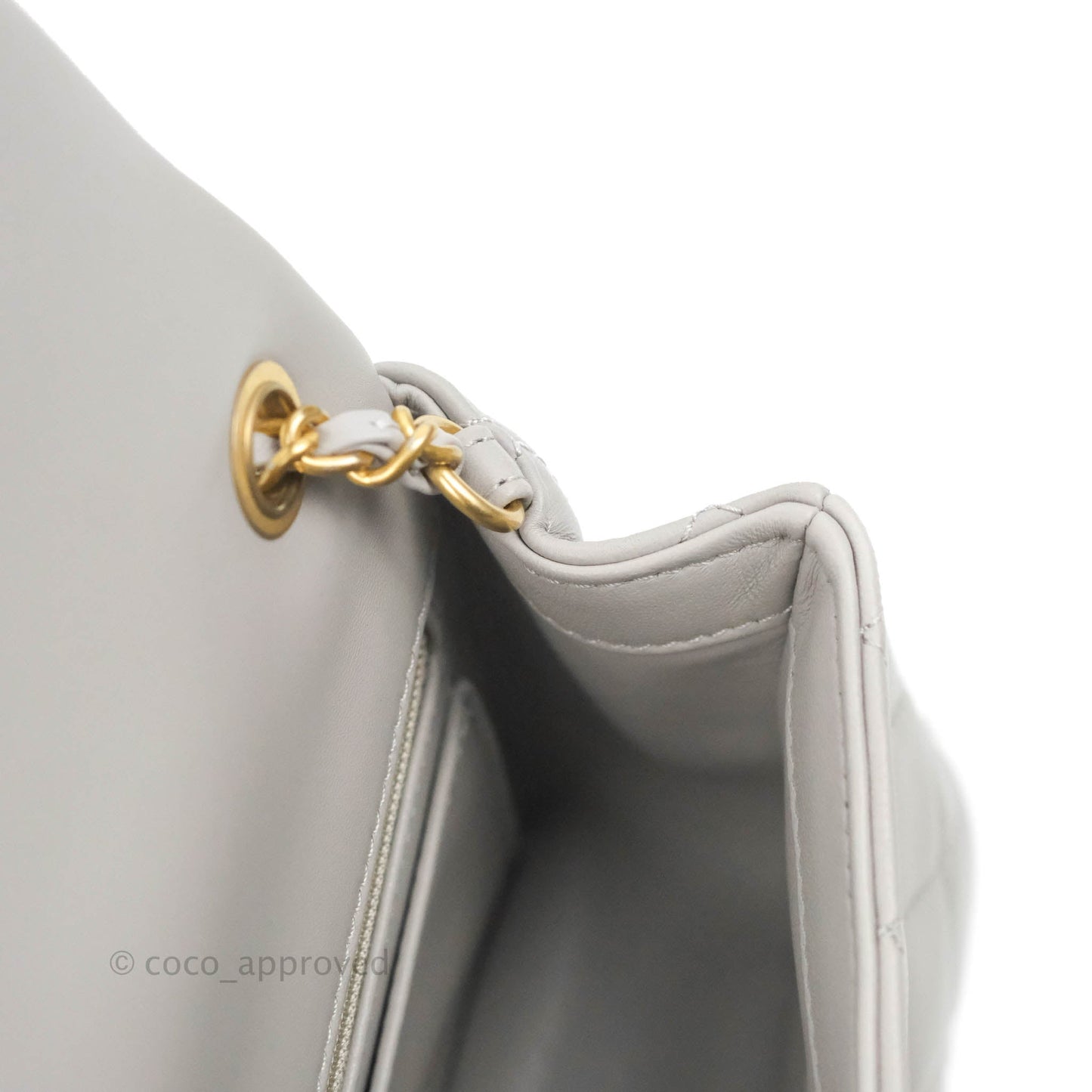 Chanel Mini Rectangular Pearl Crush Quilted Light Grey Lambskin Aged Gold Hardware 22B
