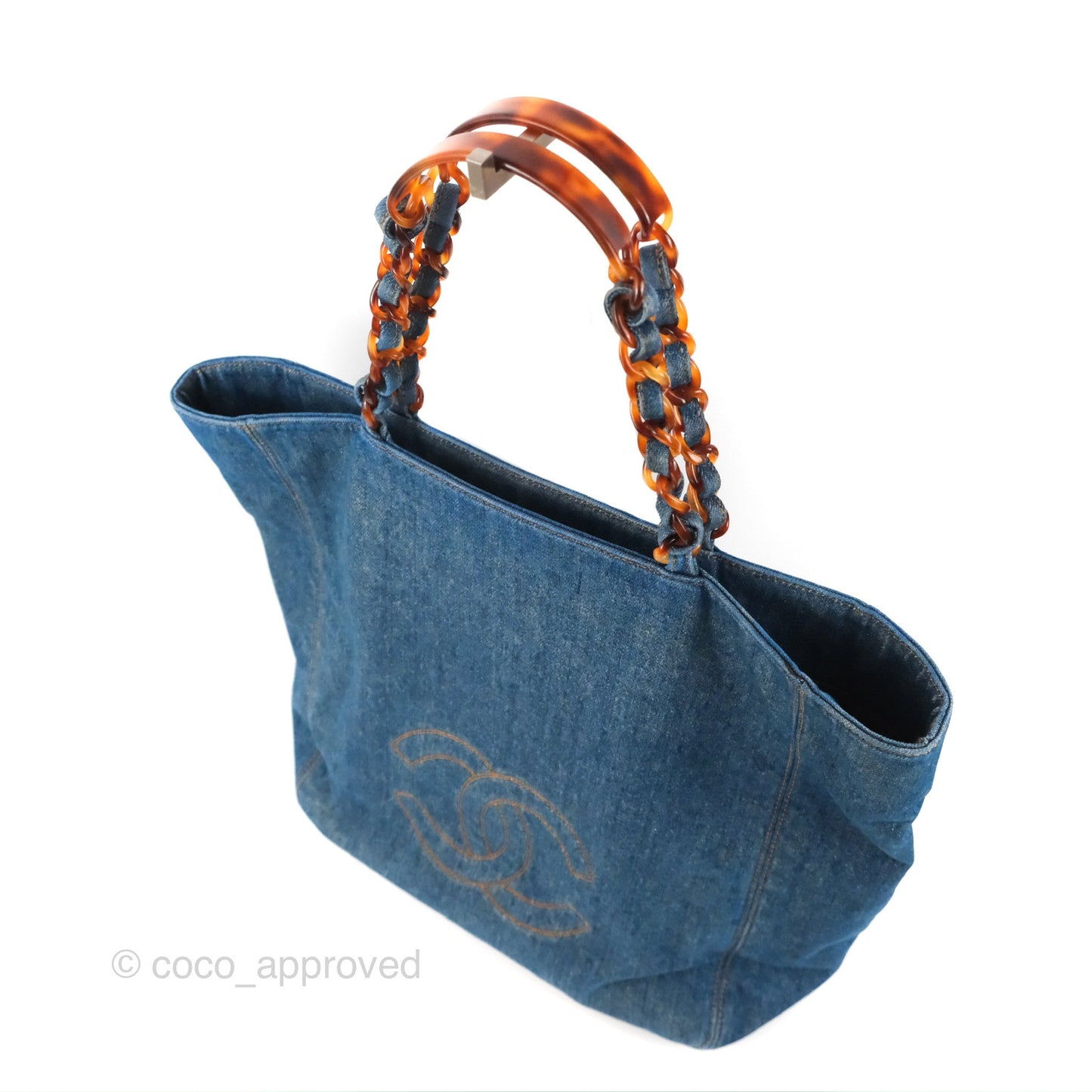 Chanel Large CC Tote Bag Blue Denim Tortoiseshell Bakelite Handle