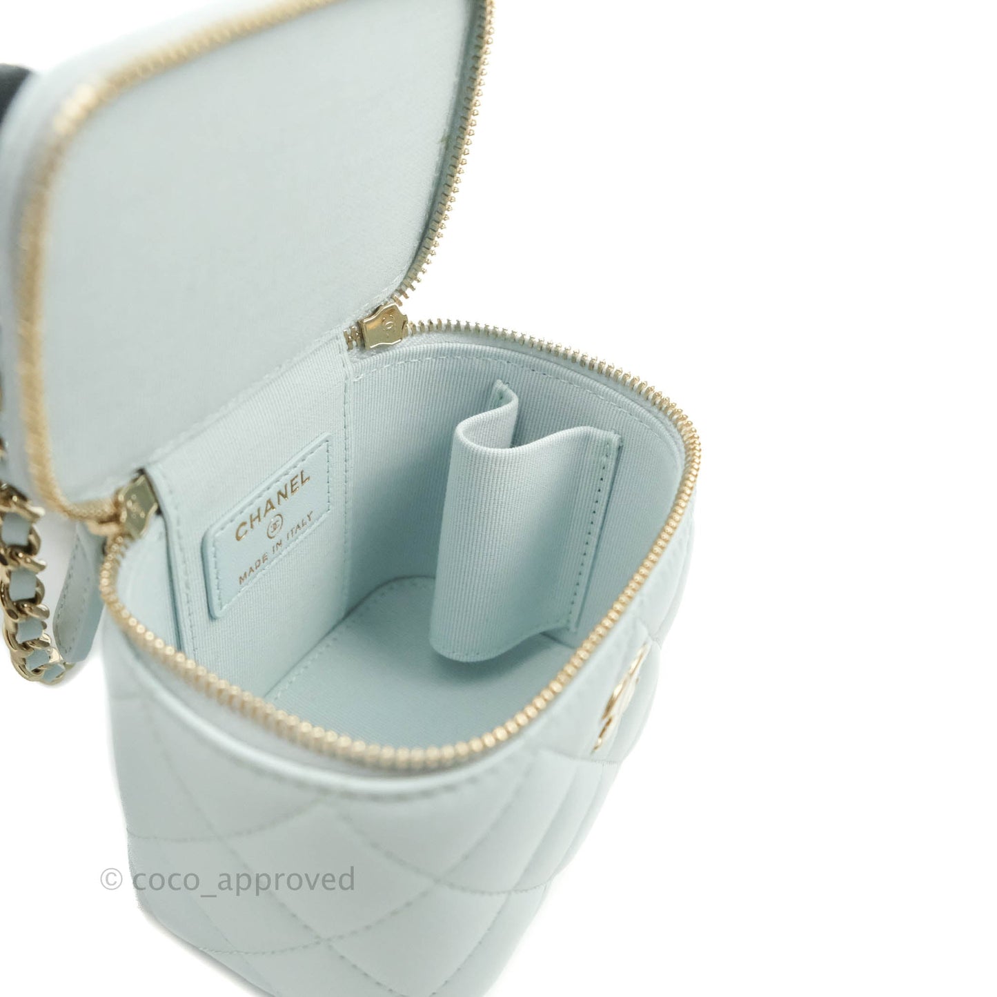 Chanel Mini Top Handle Vanity With Chain Light Blue Lambskin Gold Hardware