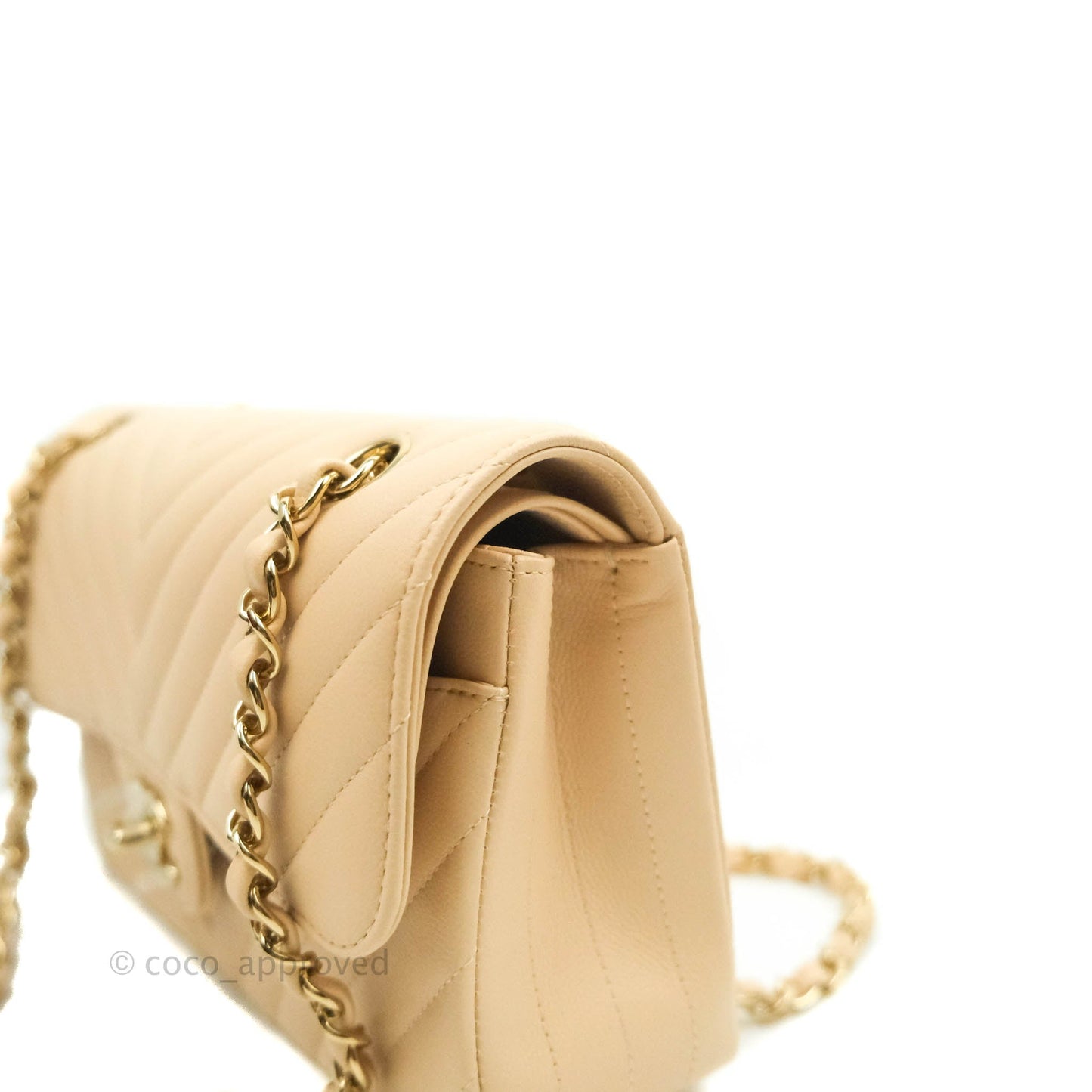 Chanel Classic S/M Small Double Flap Chevron Beige Caviar Gold Hardware