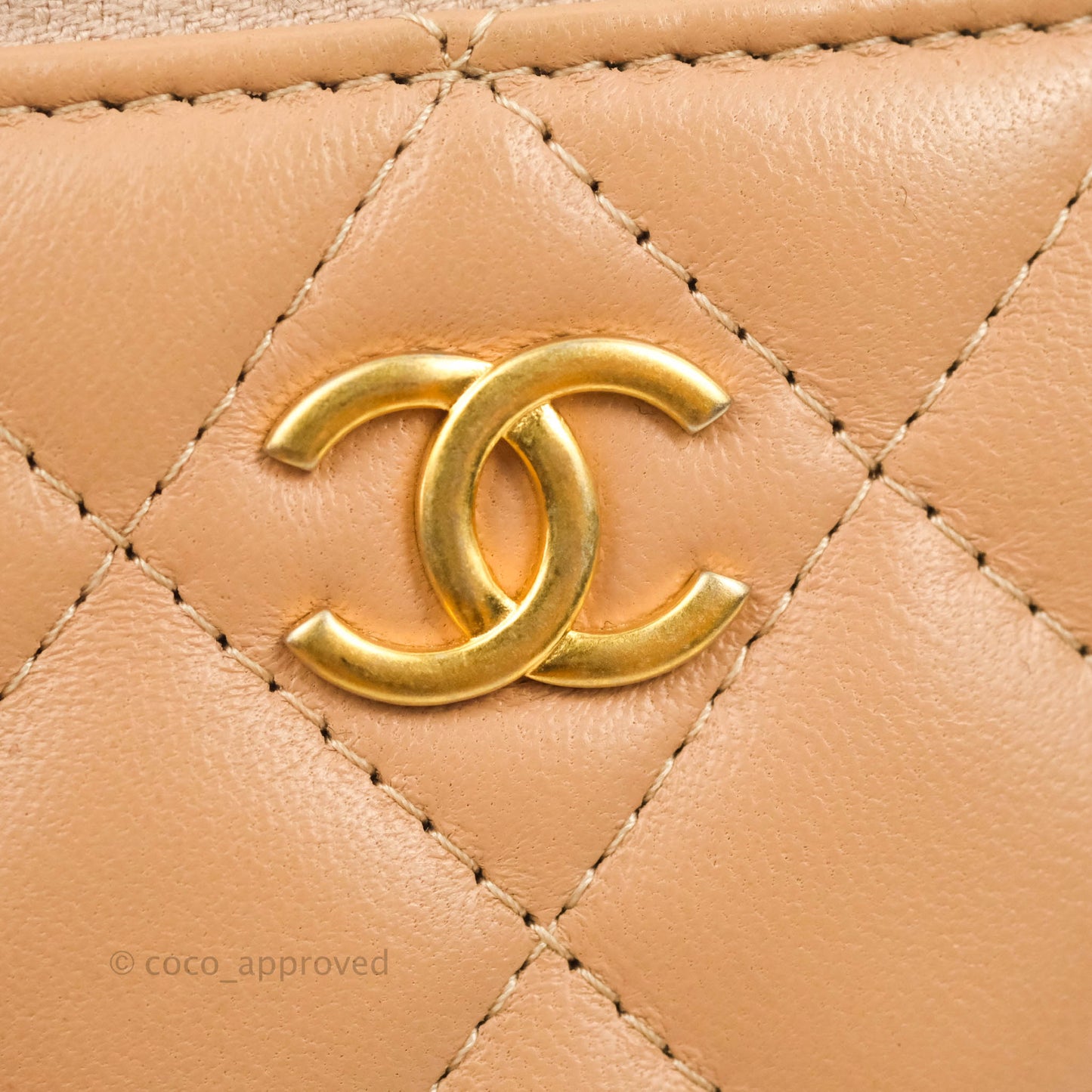 Chanel Mini Top Handle Vanity With Chain Beige Lambskin Aged Gold Hardware