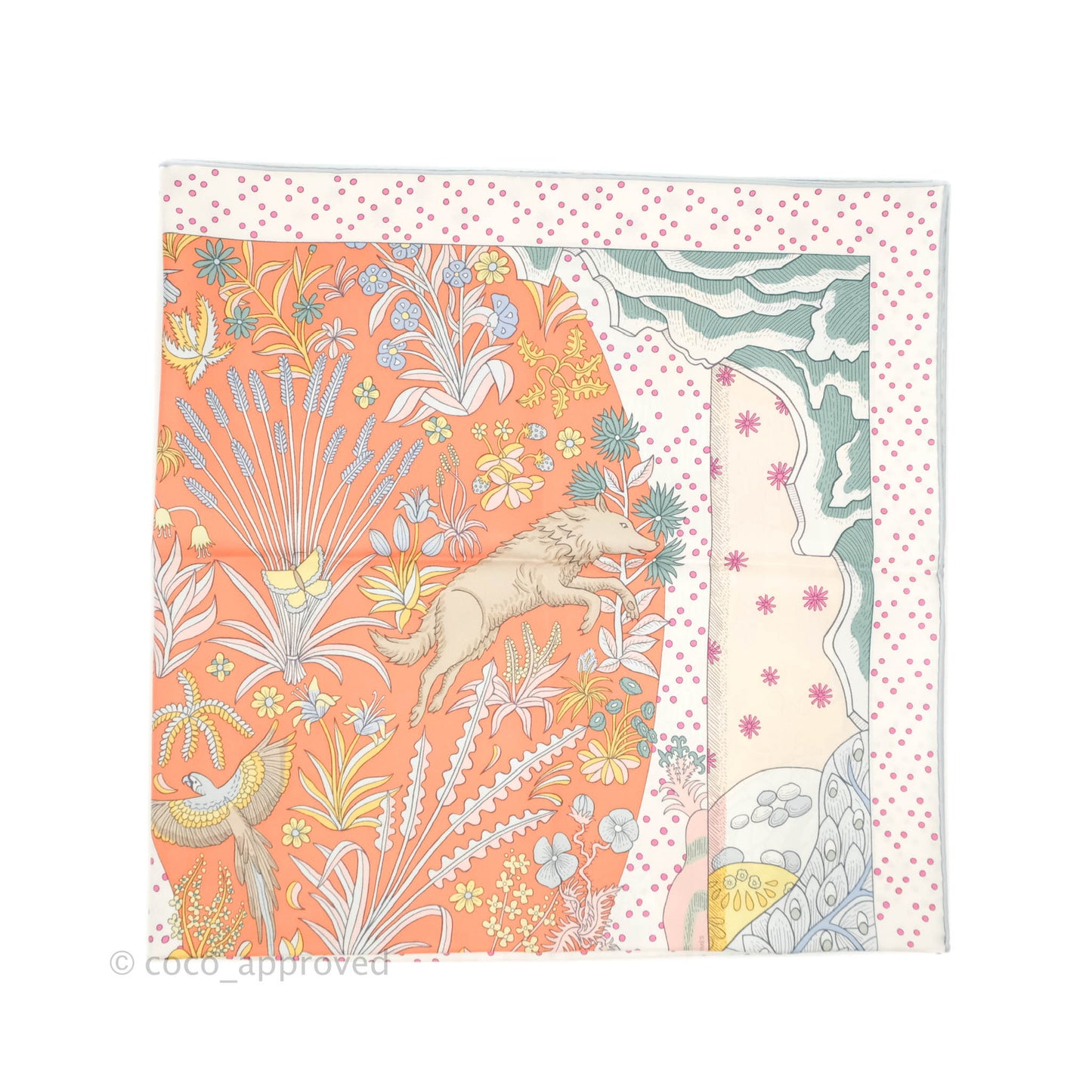 Hermes Silk Le Premier Chant Scarf 90 Abricot/ Ciel /Vert