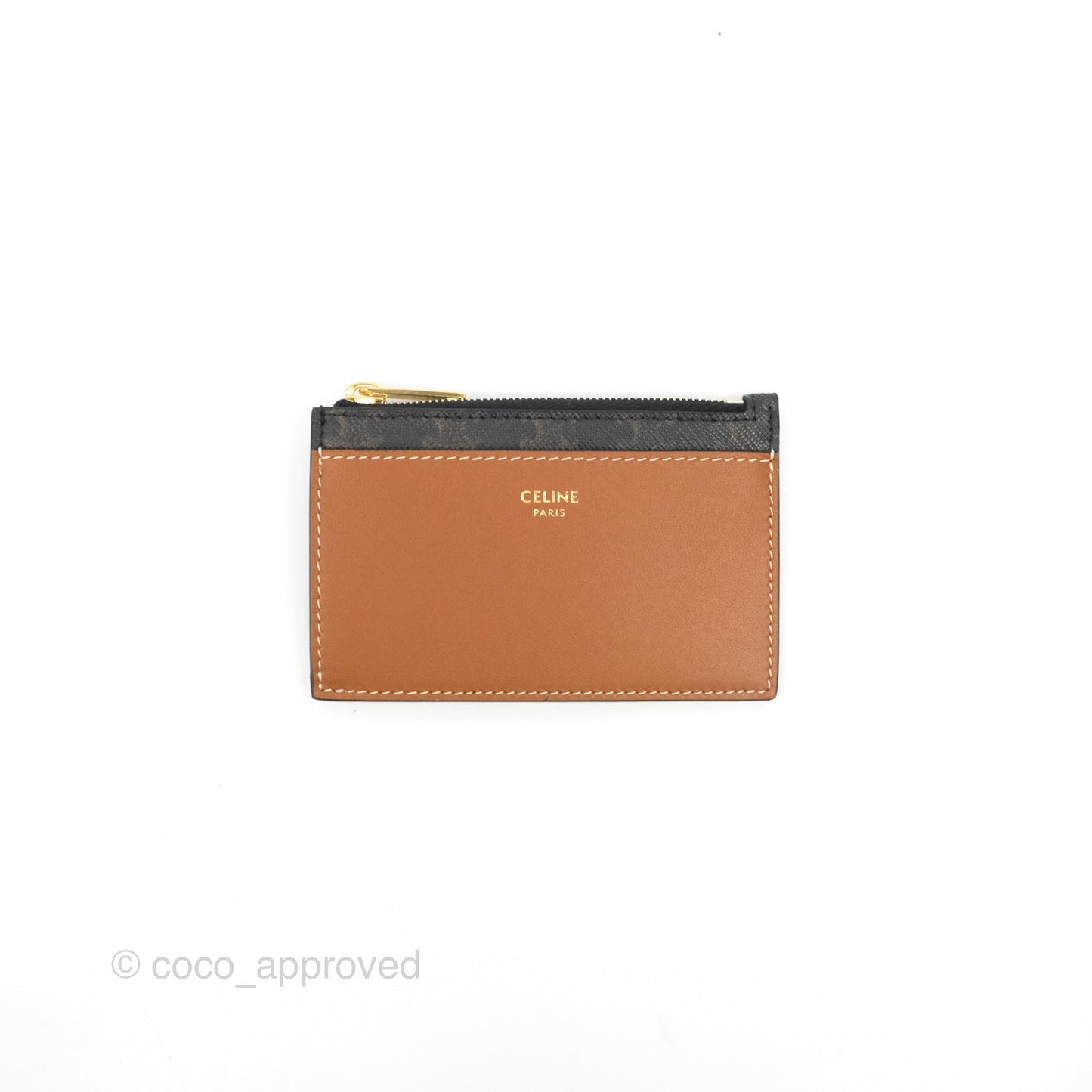 Celine Zipped Card Holder Triomphe Canvas Tan Lambskin