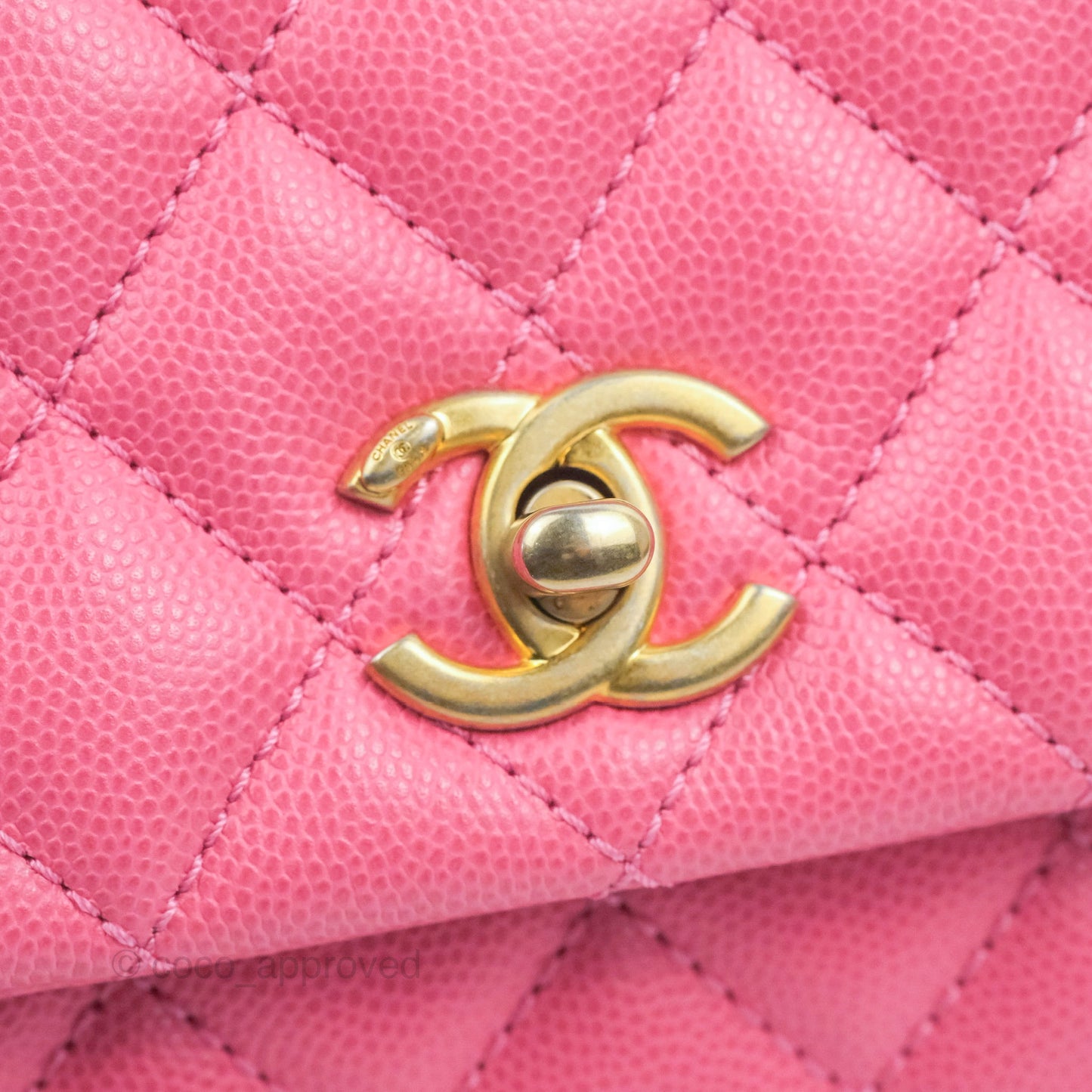 Chanel Small Coco Handle Quilted Pink Caviar Aged Gold Hardware Lizard Embossed Handle