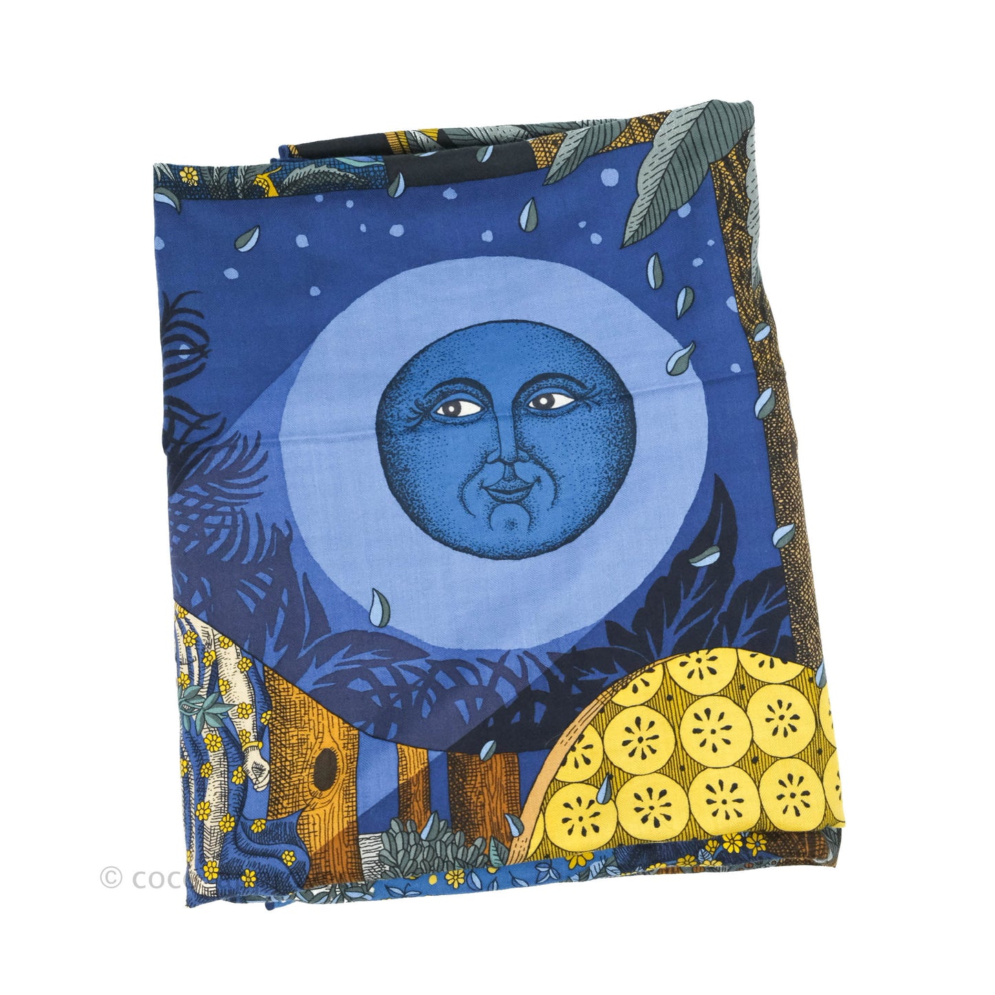 Hermes Acte III, Scene I, La Clairiere shawl 140 Scarf Bleu Nuit/Jaune/Vert