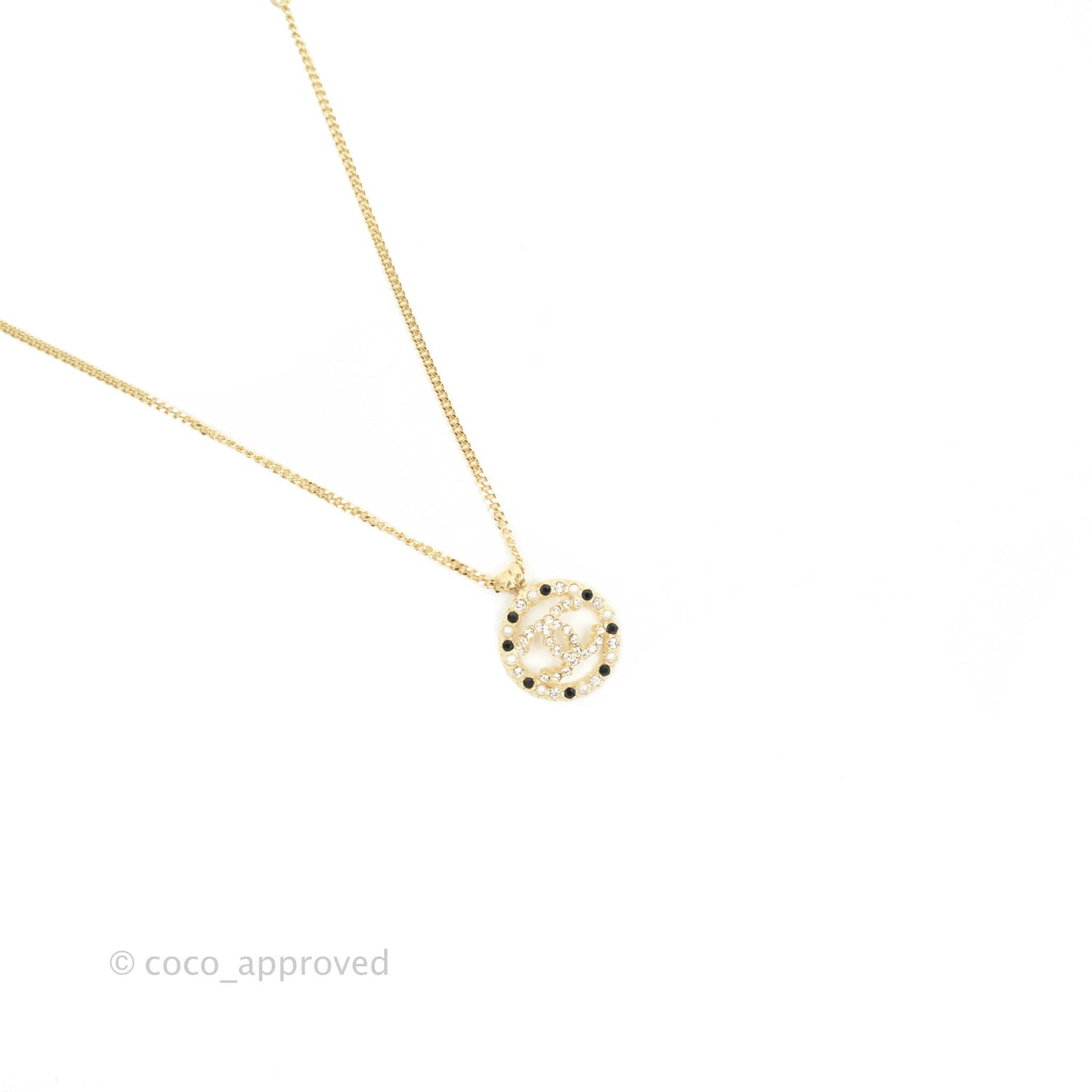 Chanel CC Pendant Necklace Gold Black White Crystal