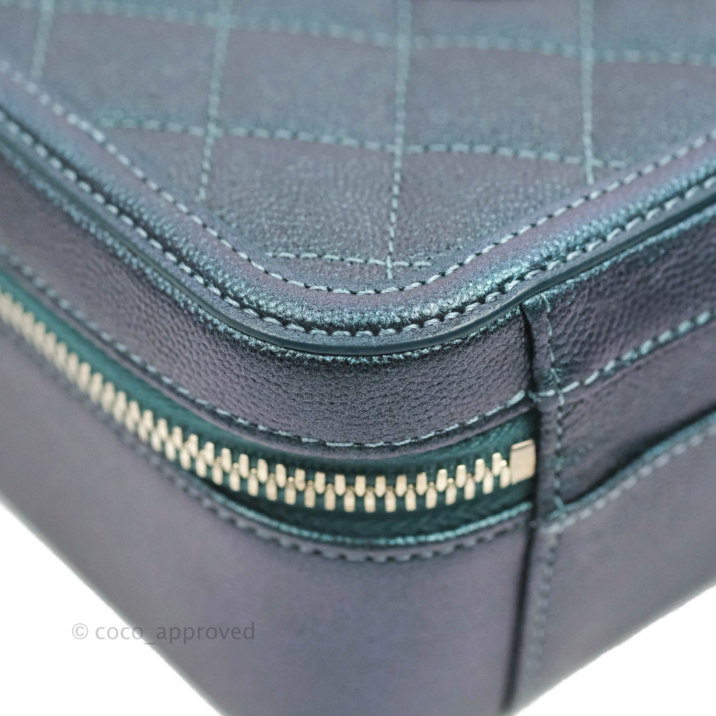 Chanel Quilted Medium CC Filigree Vanity Case Iridescent Dark Turquoise Caviar Rainbow Hardware