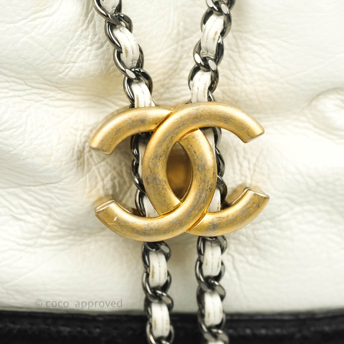 Chanel Small Gabrielle Drawstring Bag White Black Calfskin