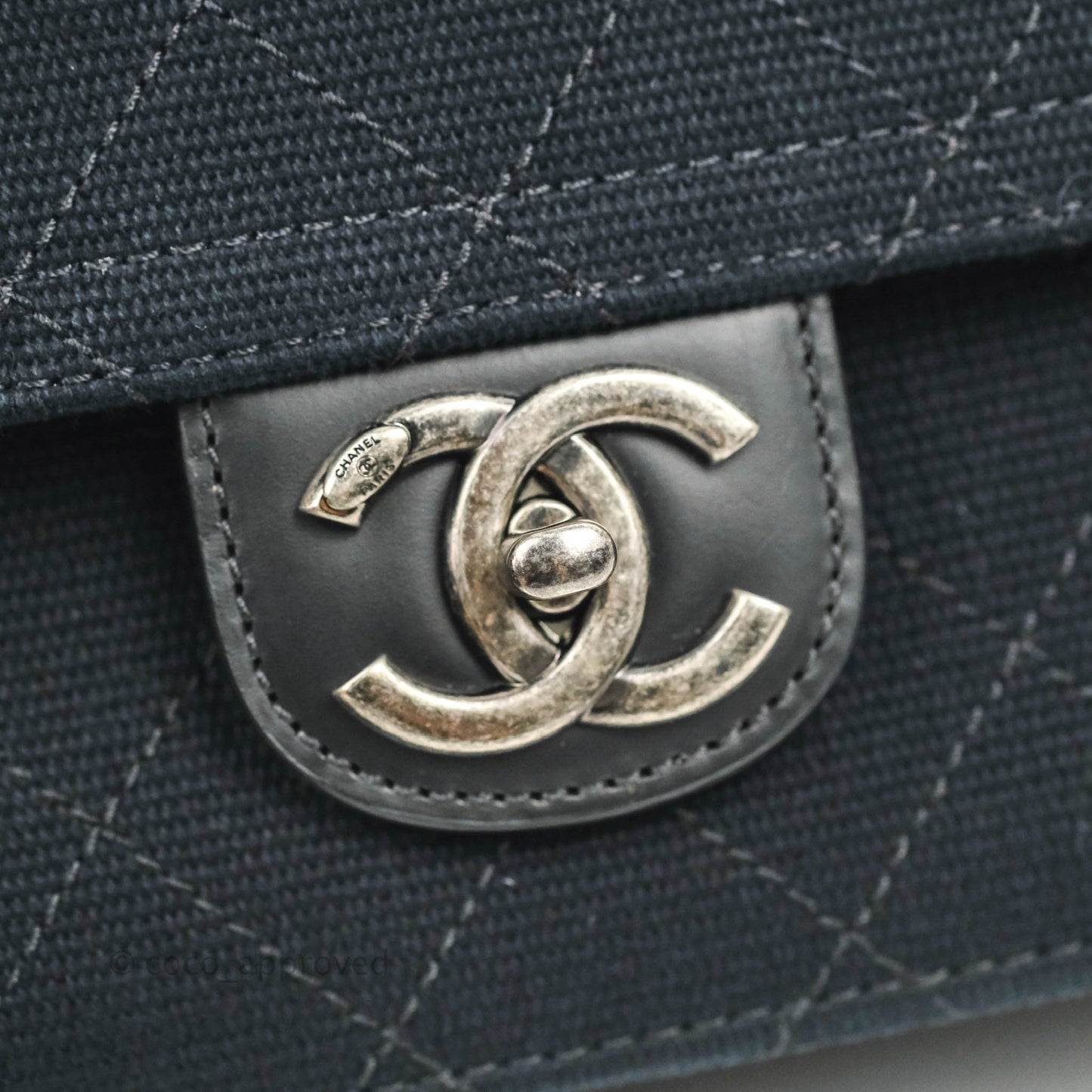 Chanel Quilted CC Top Handle with Chain Dark Navy Fabric Ruthenium Hardware 15P