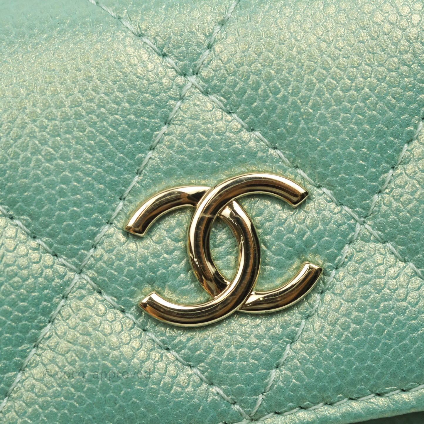 Chanel Quilted Card Holder With Chain Iridescent Mint Caviar Gold Hardware