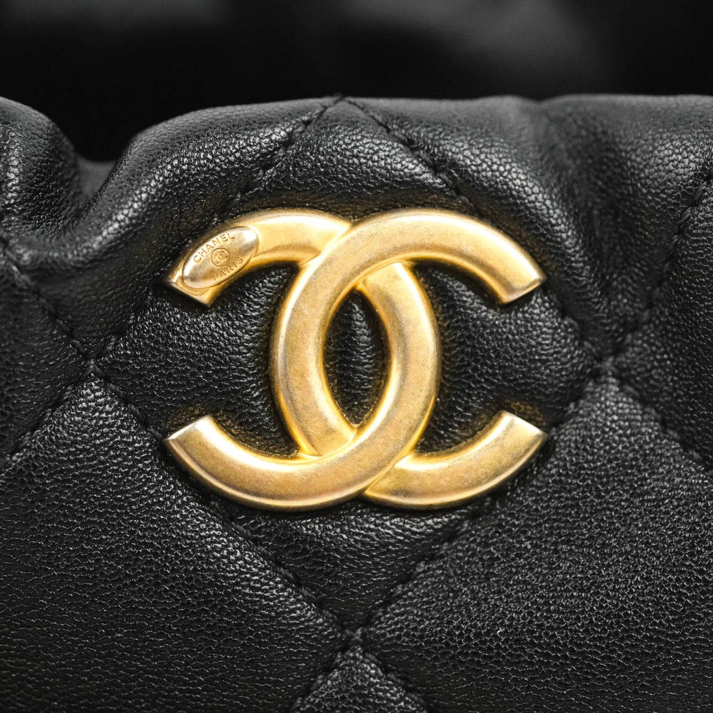 Chanel Small Entwined Chain Drawstring Bucket Bag Black Lambskin Age Gold Hardware