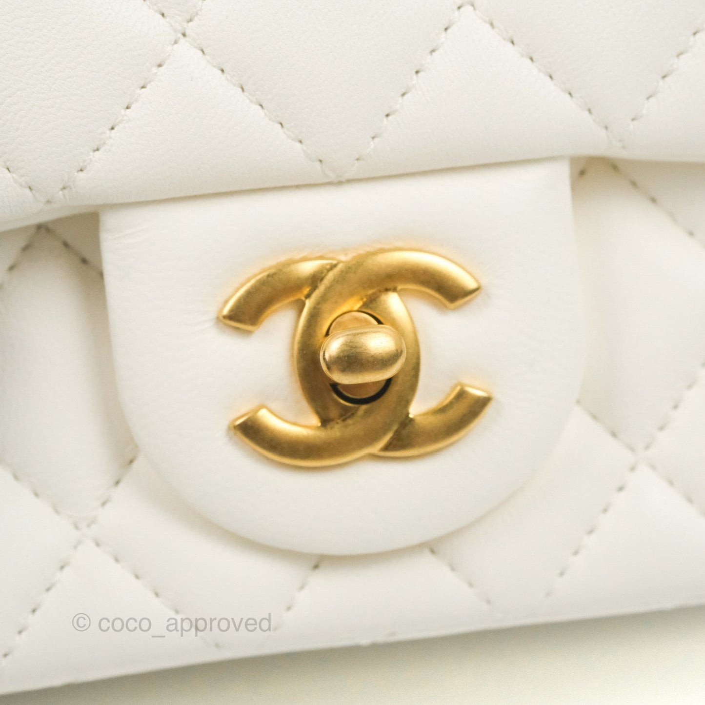 Chanel Mini Square Pearl Crush Quilted White Lambskin Aged Gold Hardware