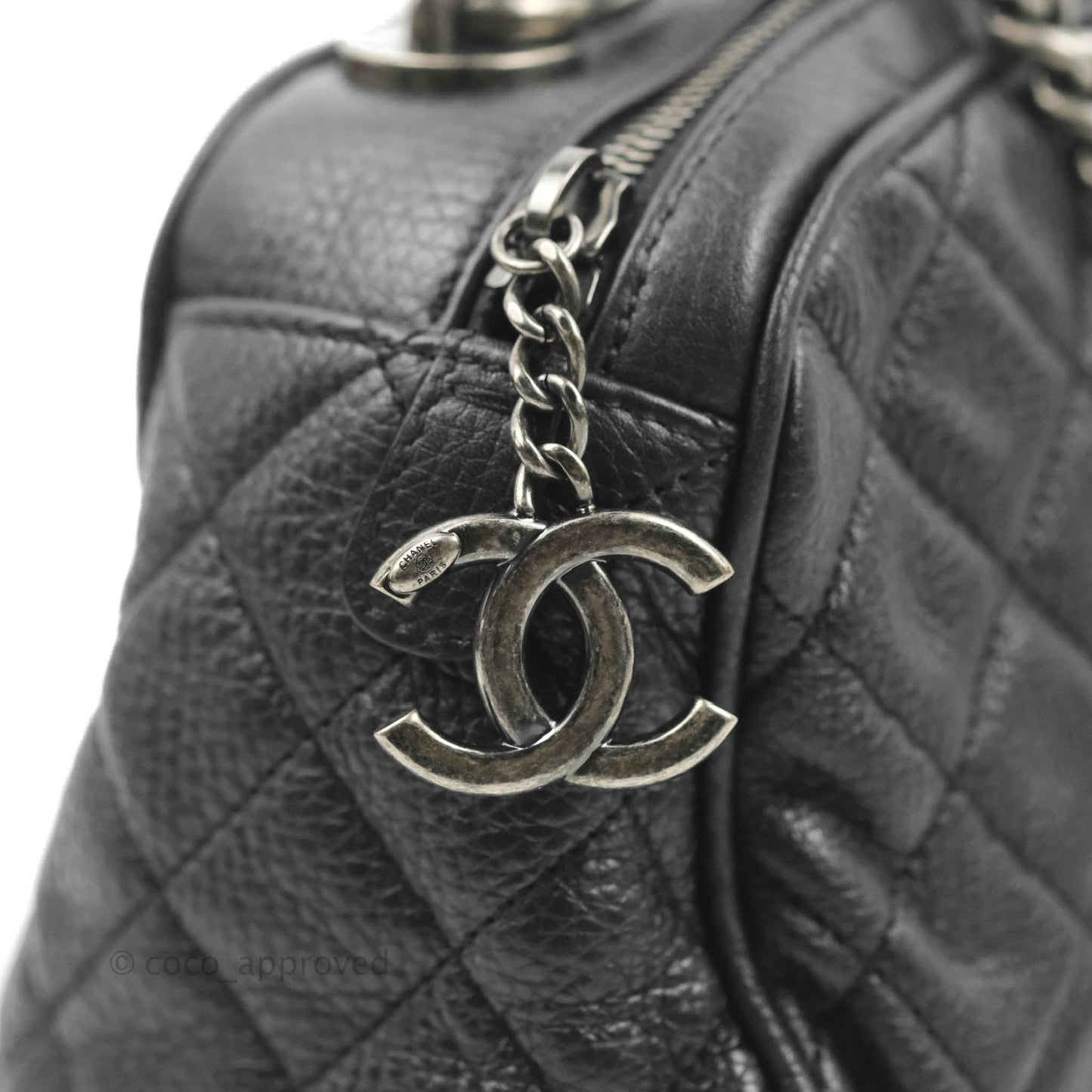 Chanel Quilted Airline Bowling Bag with Handle Black Calfskin Ruthenium Hardware