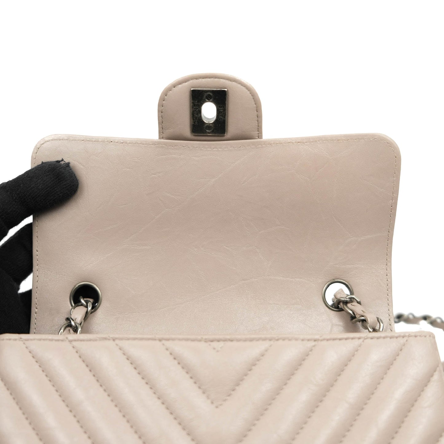 Chanel Chevron Mini Rectangular Flap Taupe Grey Calfskin Ruthenium Hardware 18B
