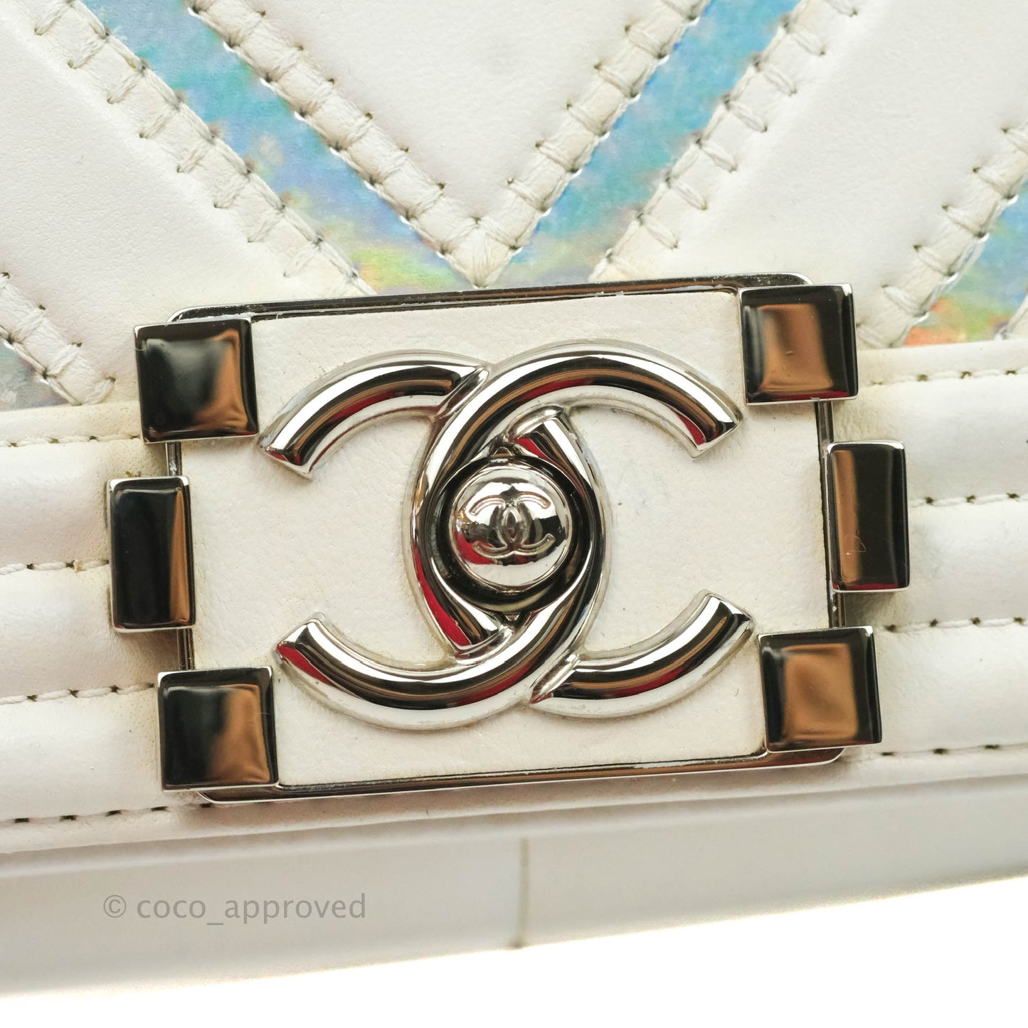 Chanel Quilted Medium Boy Flap Iridescent Chevron White Lambskin Silver Hardware