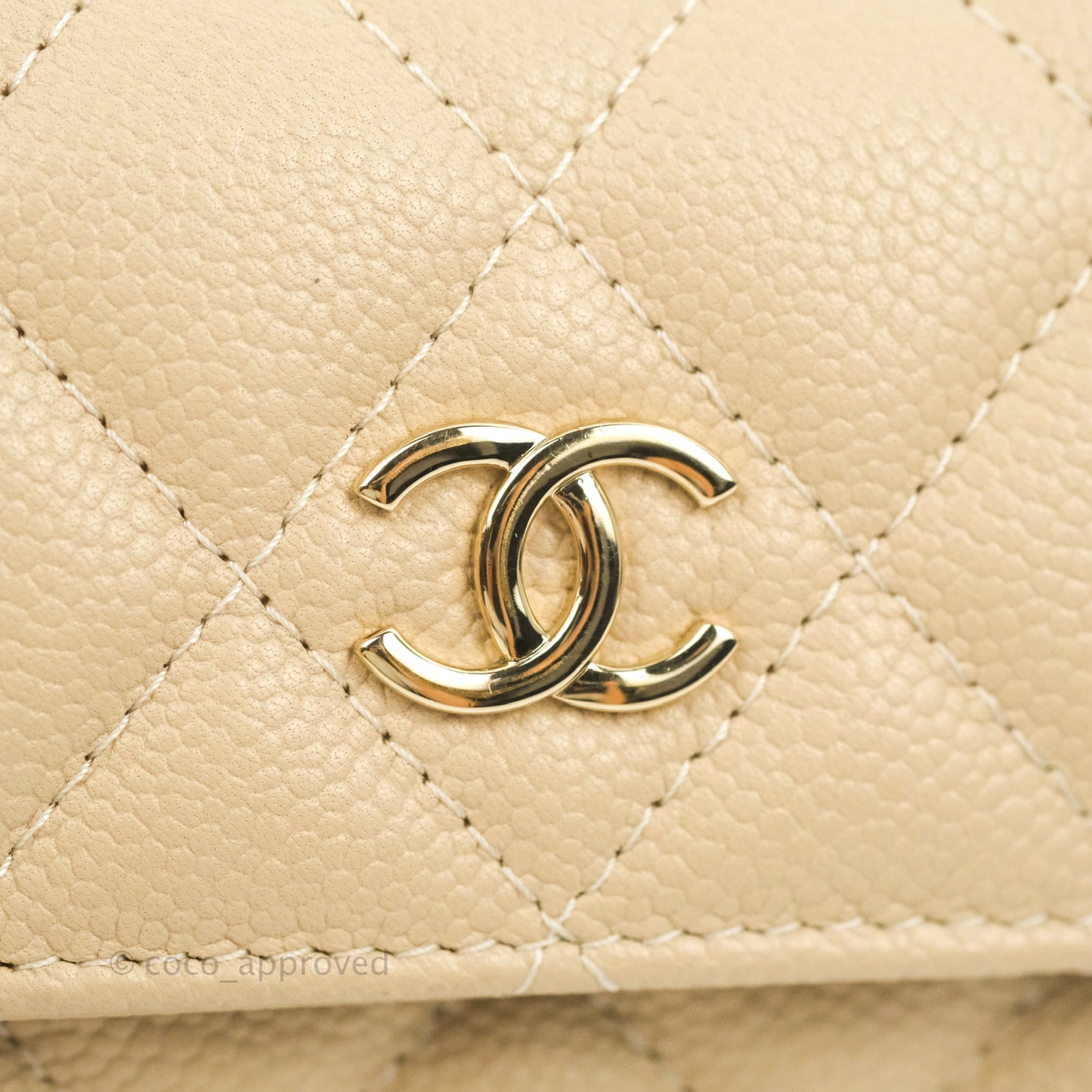 Chanel Quilted Card Holder with CC Chain Beige Caviar Gold Hardware