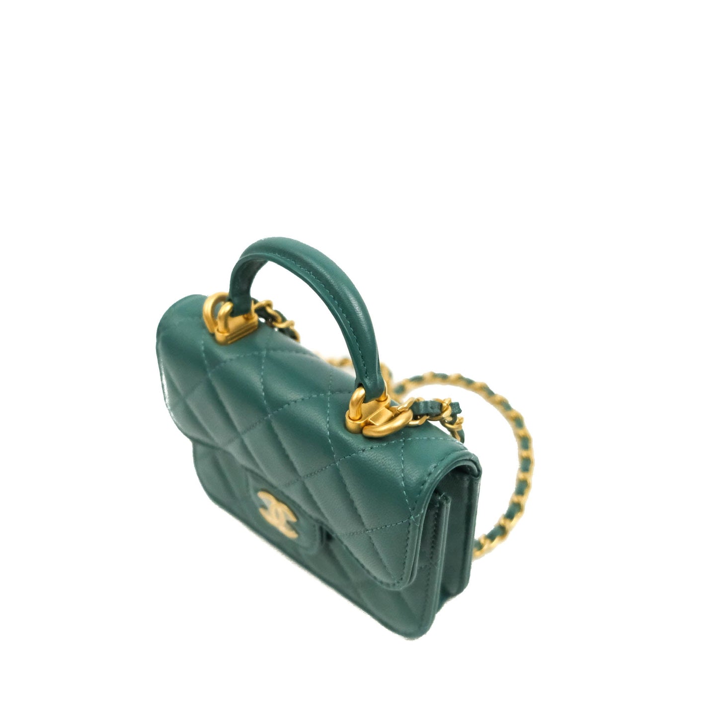 Chanel Mini Handle Flap Coin Purse With Chain Green Lambskin Gold Hardware