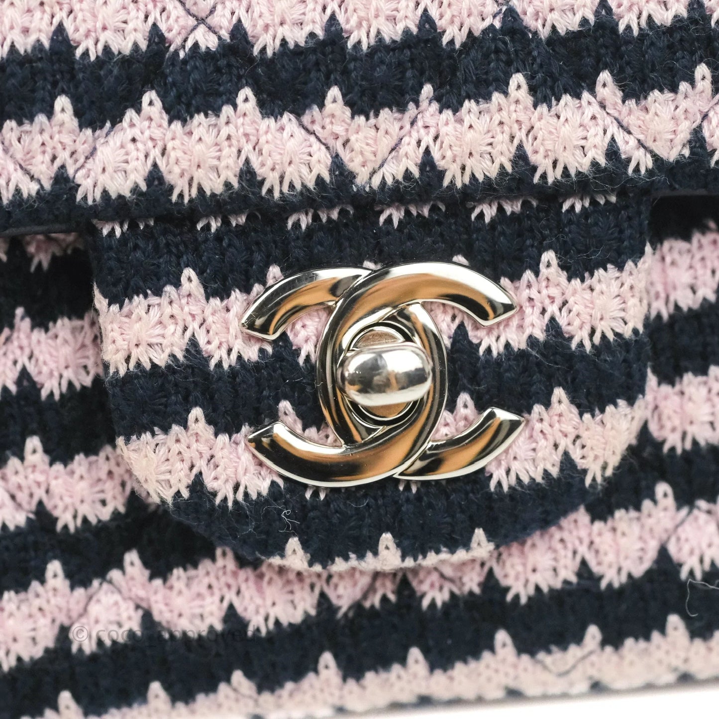Chanel Mini Rectangular Flap Bag Navy Pink Striped Tweed Silver Hardware