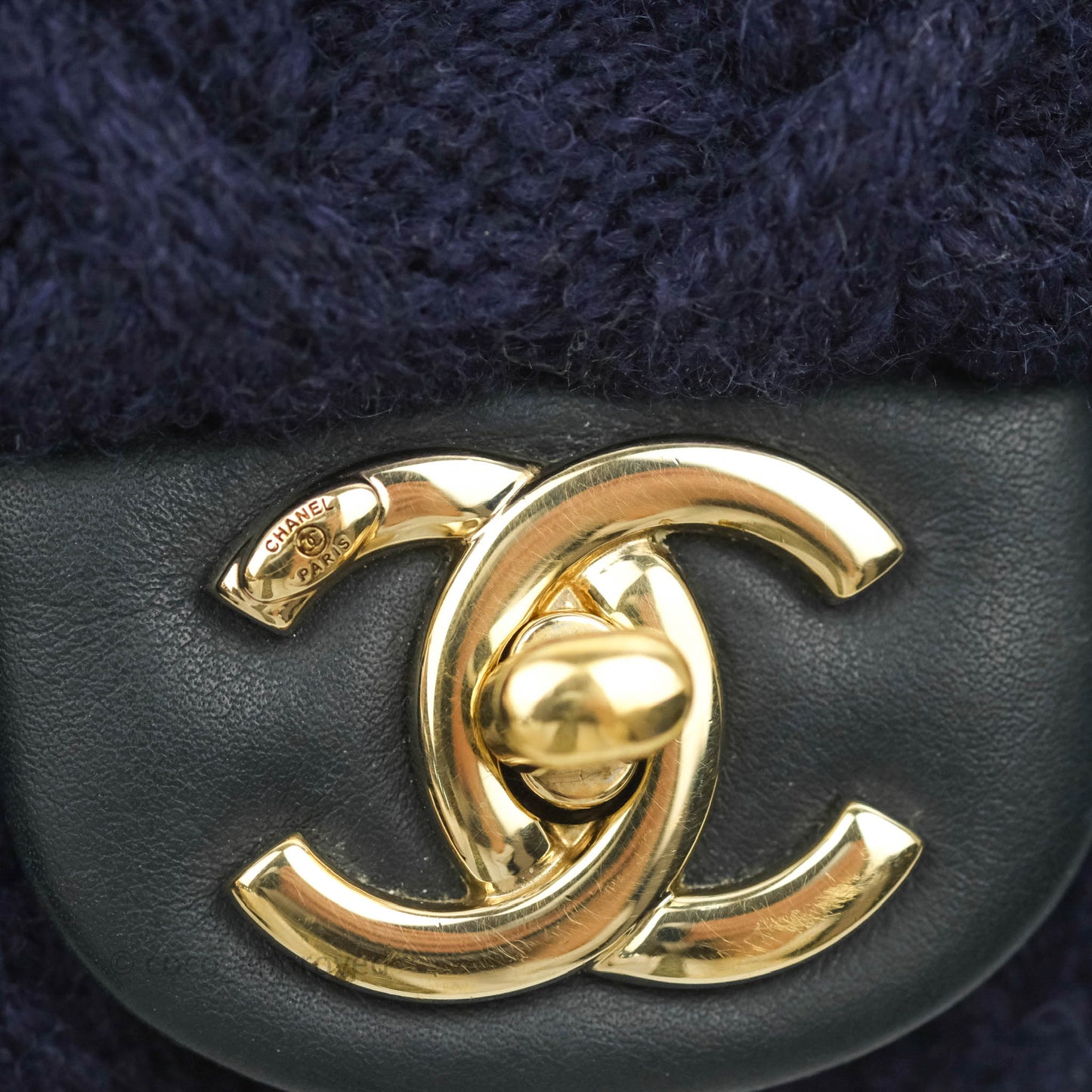 Chanel Mini Rectangular Flap Navy Blue Cable Knit Gold Hardware