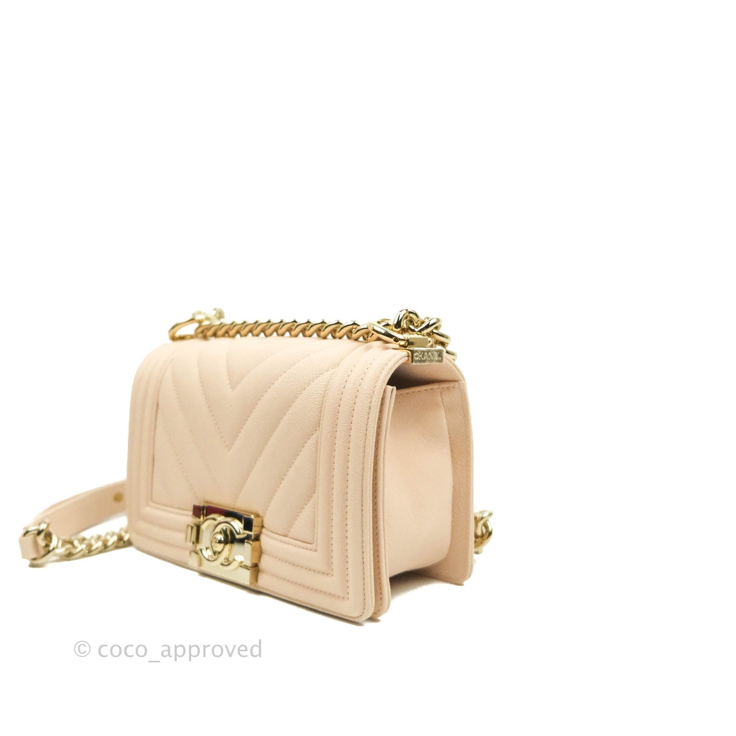 Chanel Small Boy Chevron Light Pink Caviar Gold Hardware