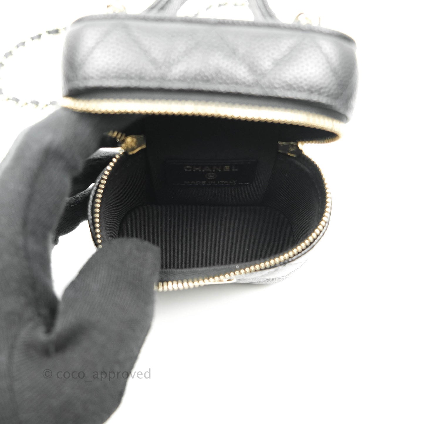 Chanel Quilted Small Handle With Care Vanity Case With Chain Black Caviar Gold Hardware
