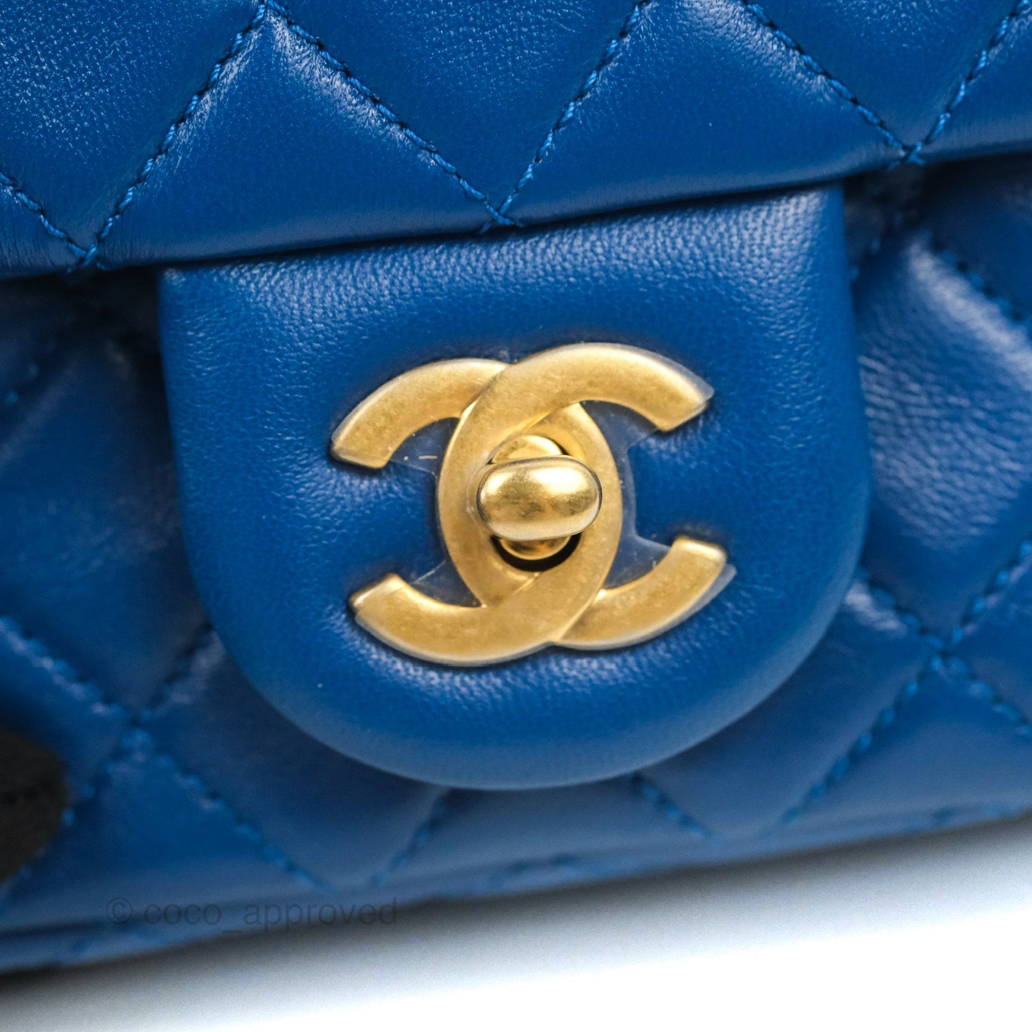 Chanel Mini Square Pearl Crush Quilted Blue Lambskin Aged Gold Hardware