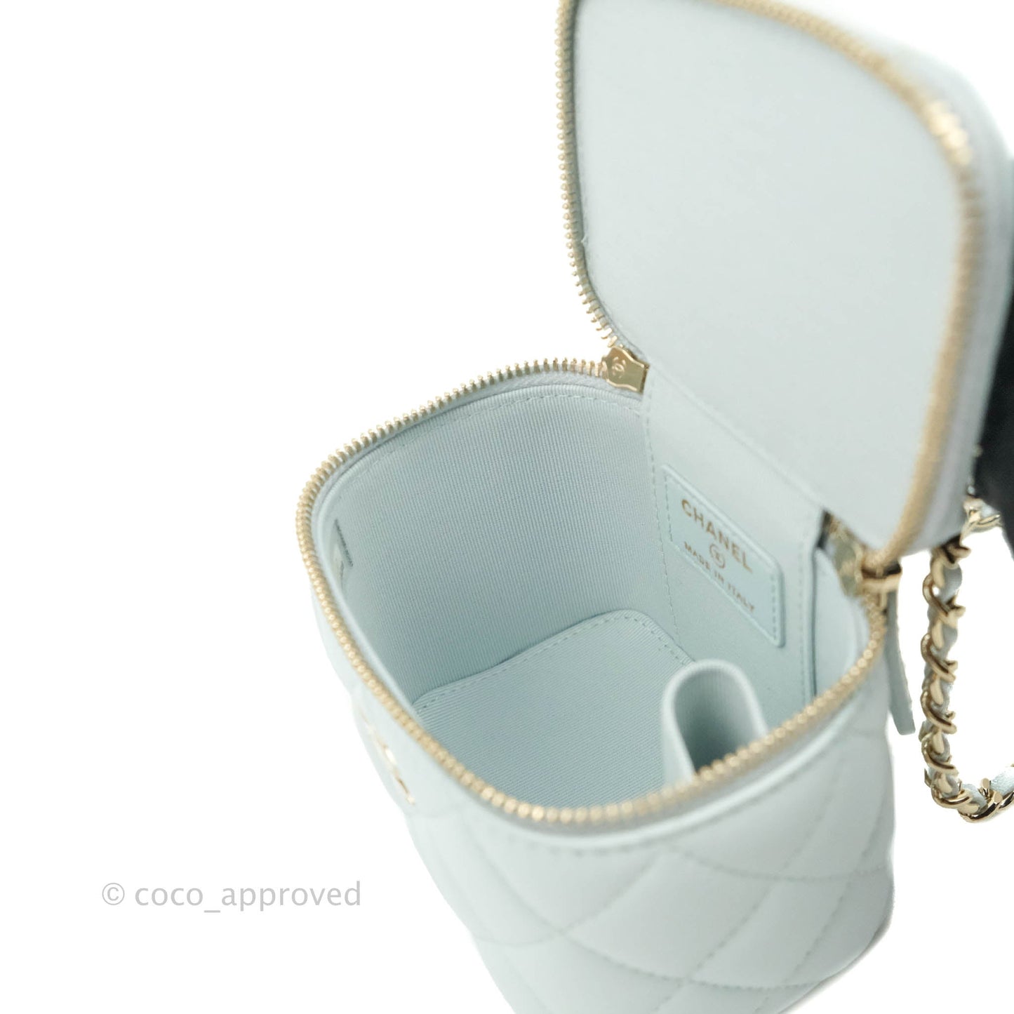 Chanel Mini Top Handle Vanity With Chain Light Blue Lambskin Gold Hardware